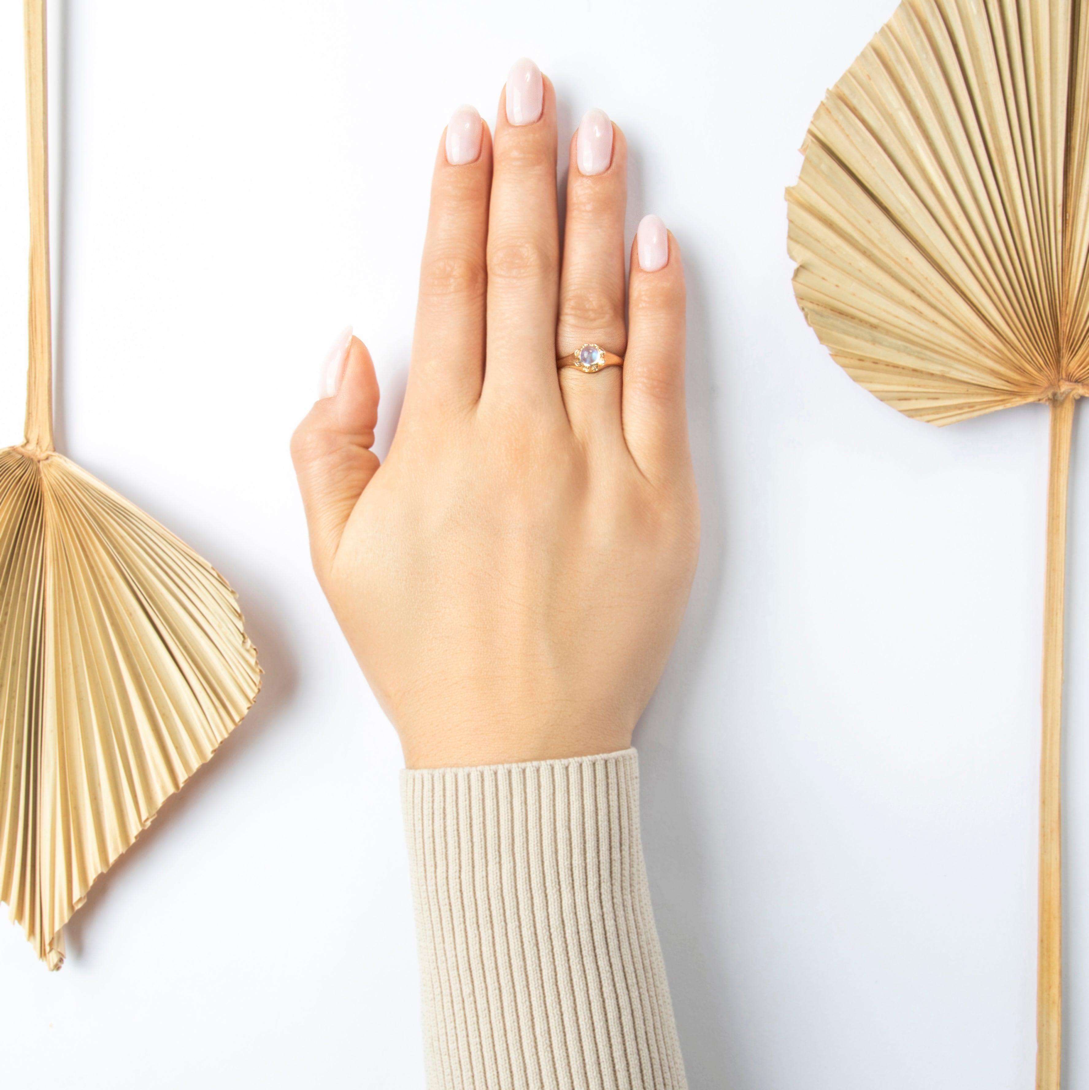 Antique 10k Rosy Yellow Gold Moonstone Mystical Buttercup Dome Ring - On model view