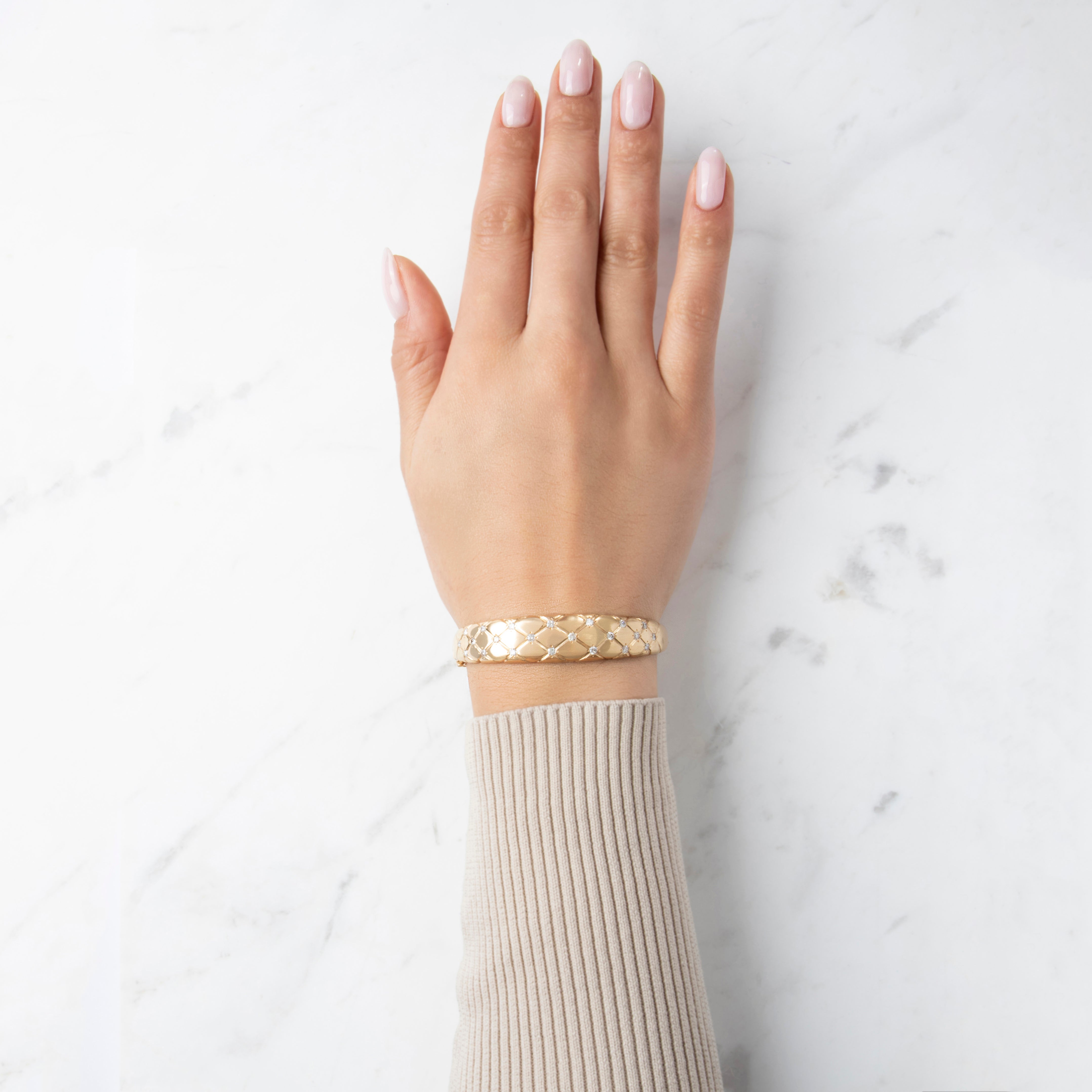 Vintage 14k Gold .735cttw Diamond Satin Quilted Sparkle Bangle Bracelet - On model view