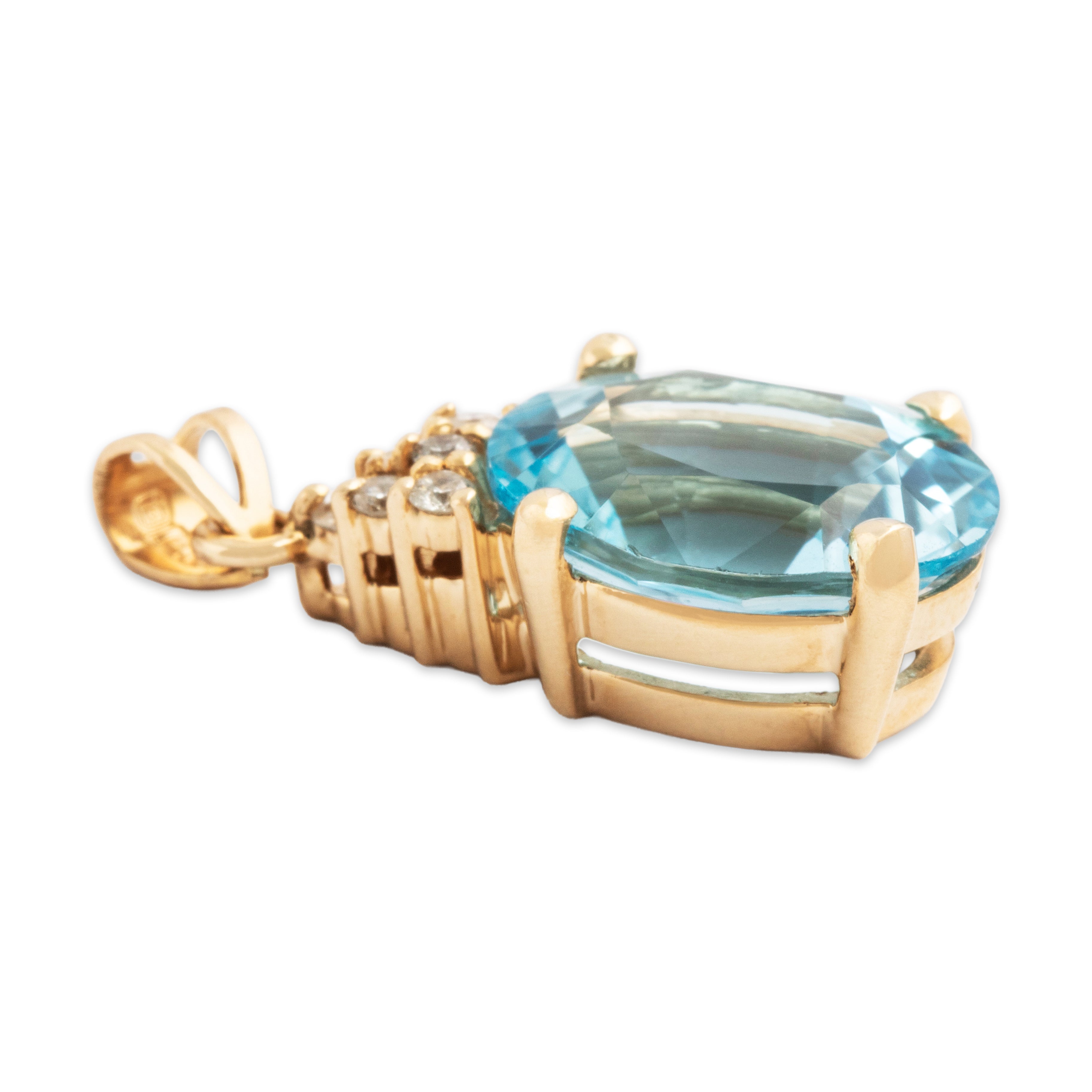 Vintage 14k Yellow Gold 5.3ct Blue Topaz Diamond Flashing Oval Pendant -Side view