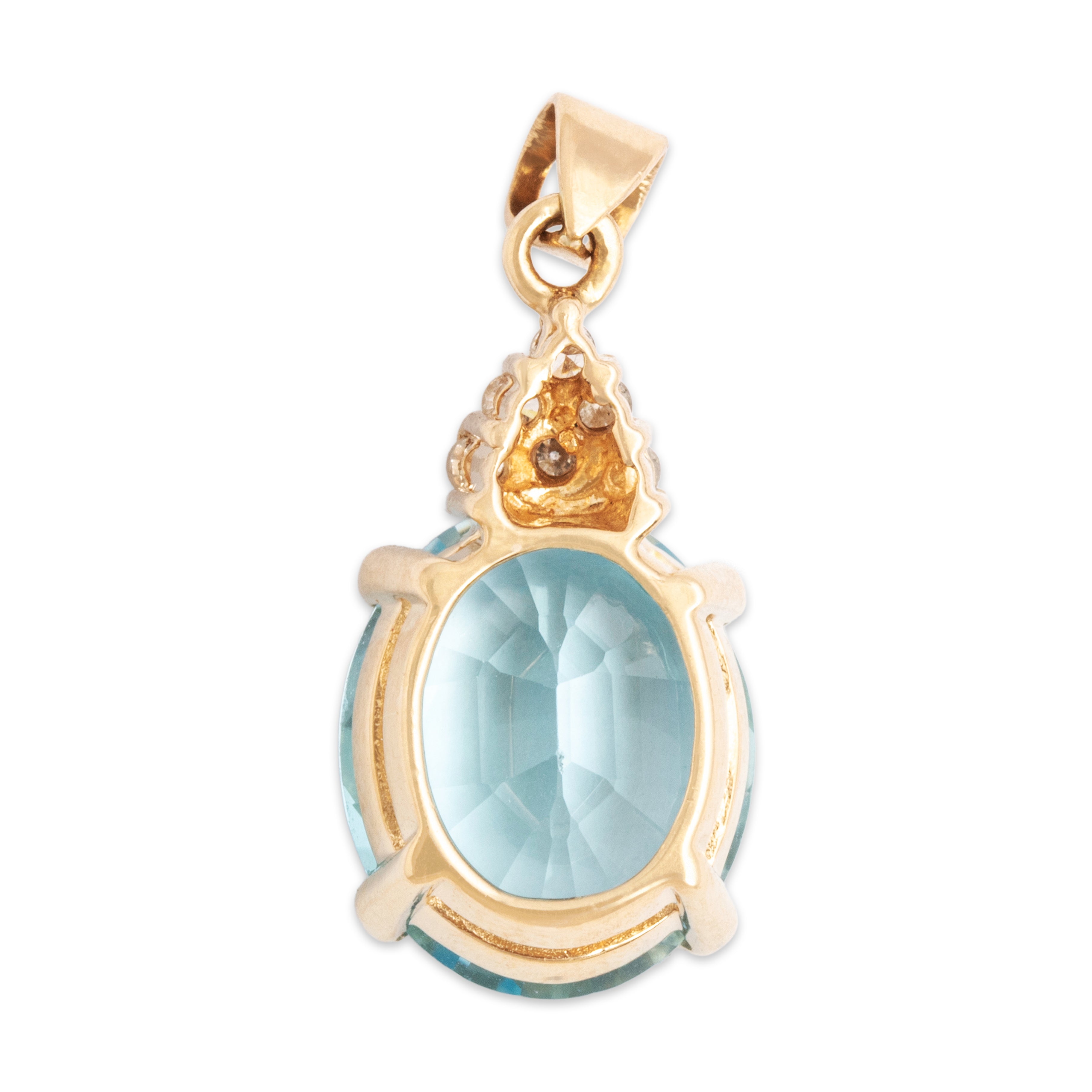 Vintage 14k Yellow Gold 5.3ct Blue Topaz Diamond Flashing Oval Pendant -Back view