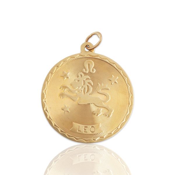 Vintage Large Lightweight 14k Yellow Gold Textured Leo Zodiac Medallion Pendant