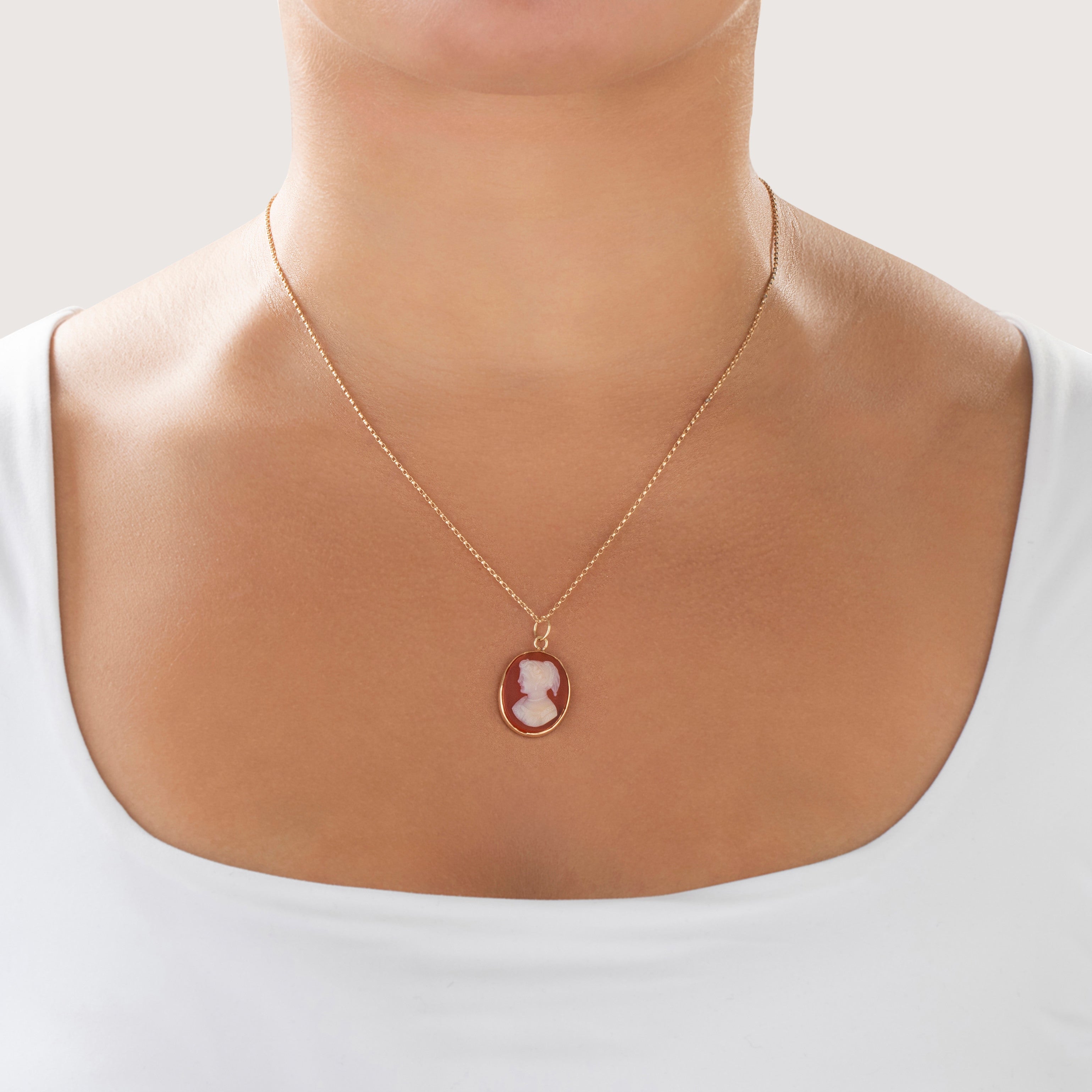 Antique 14k Yellow Gold 6.5ct Carnelian Carved Cameo Woman Charm / Pendant - On model view