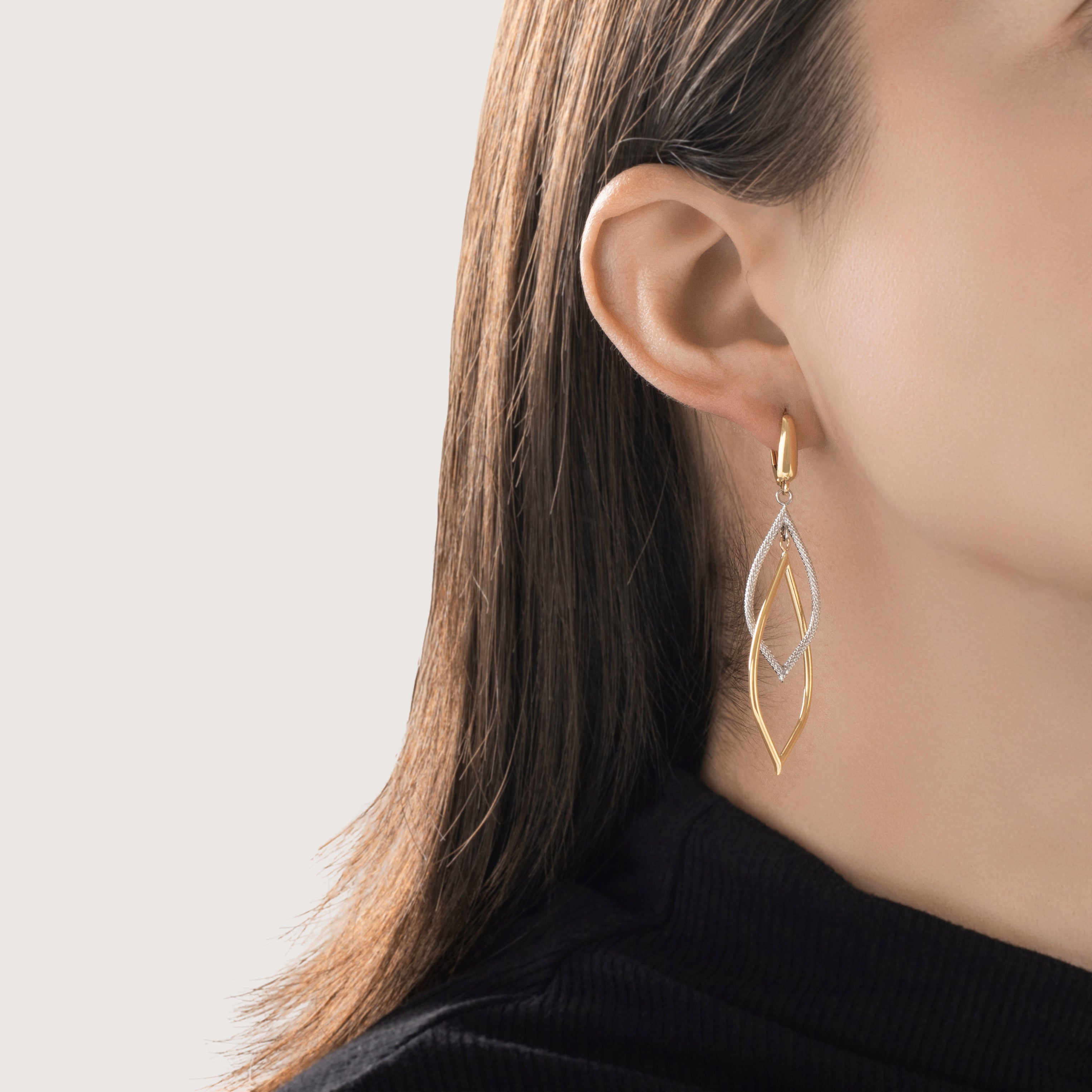 Vintage Italian Large 14k Yellow & White Gold Long Leaf Dangle Earrings -On model view