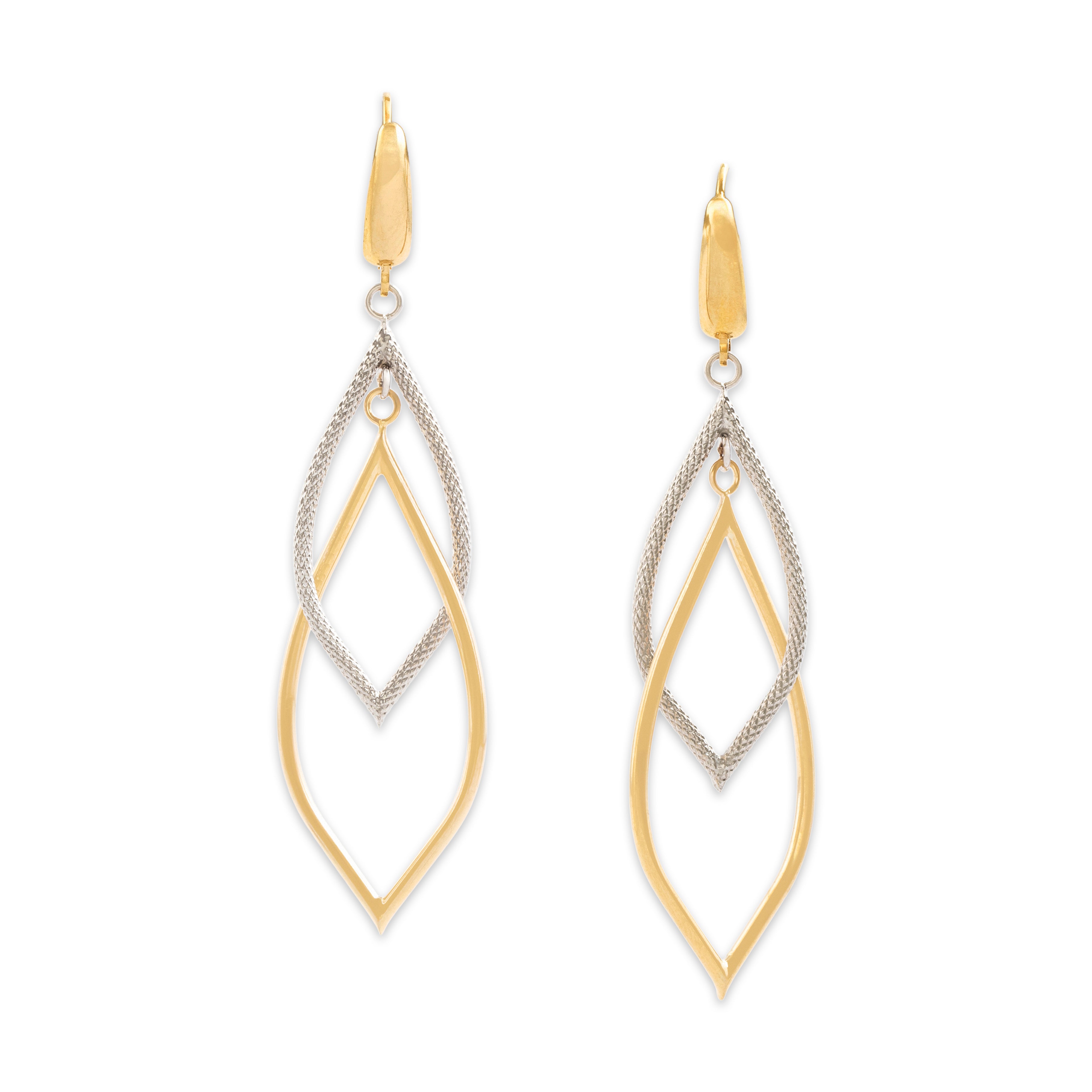 Vintage Italian Large 14k Yellow & White Gold Long Leaf Dangle Earrings