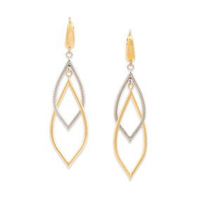 Vintage Italian Large 14k Yellow & White Gold Long Leaf Dangle Earrings