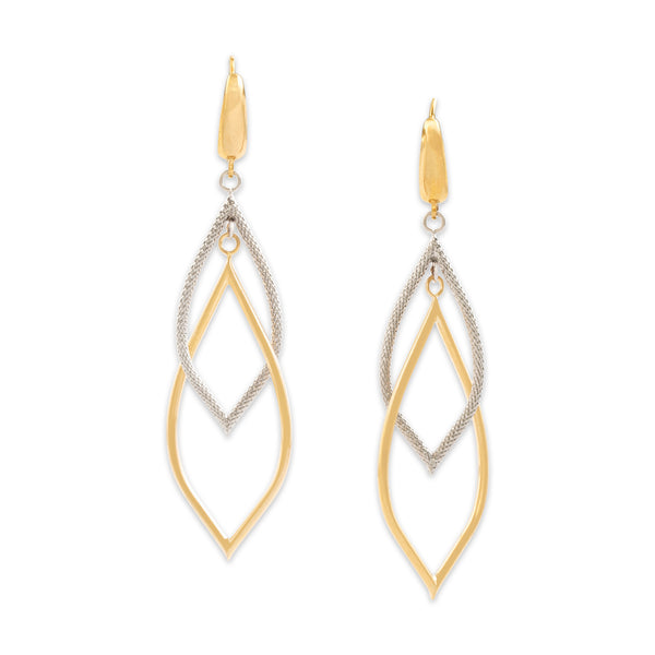 Vintage Italian Large 14k Yellow & White Gold Long Leaf Dangle Earrings