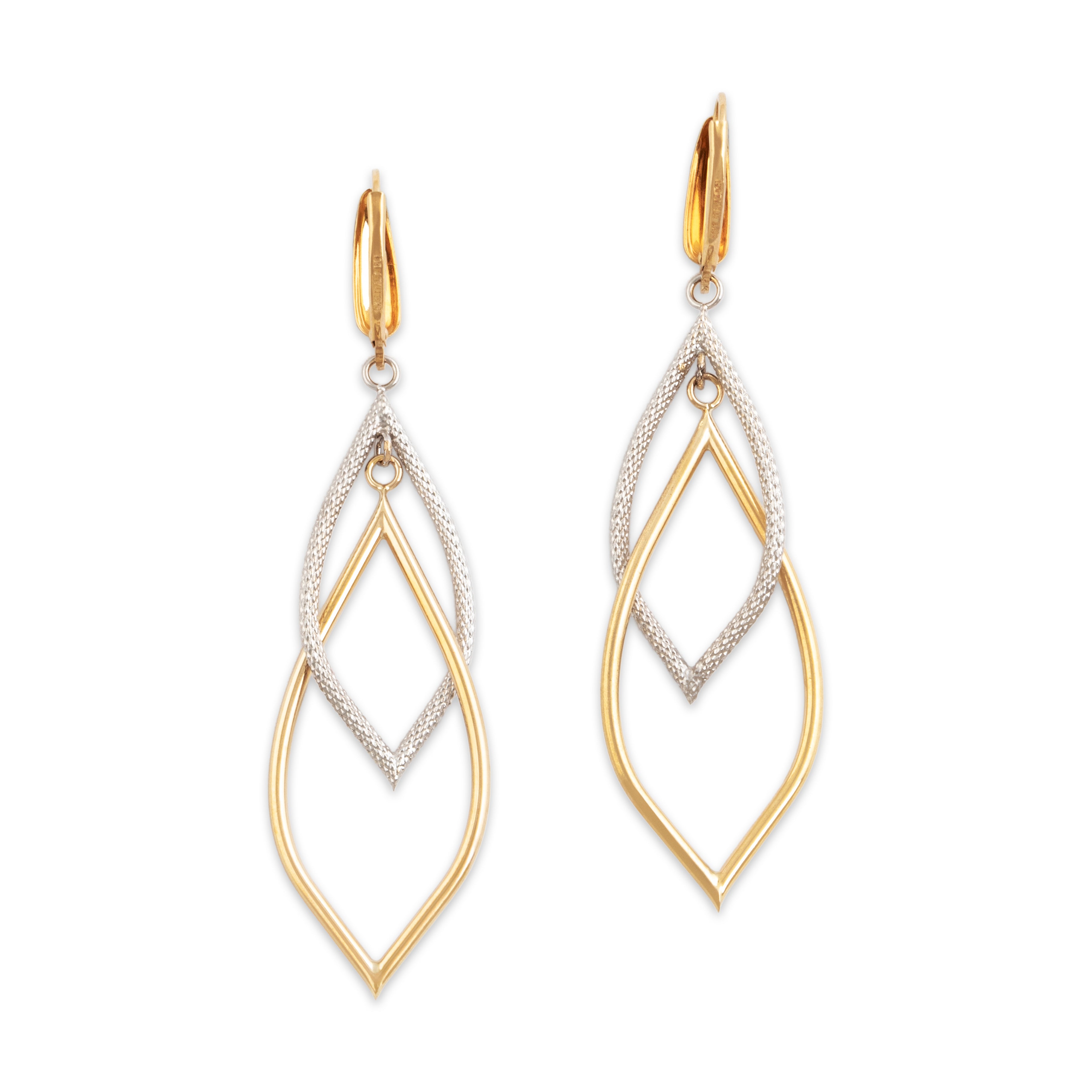 Vintage Italian Large 14k Yellow & White Gold Long Leaf Dangle Earrings - Close-up view