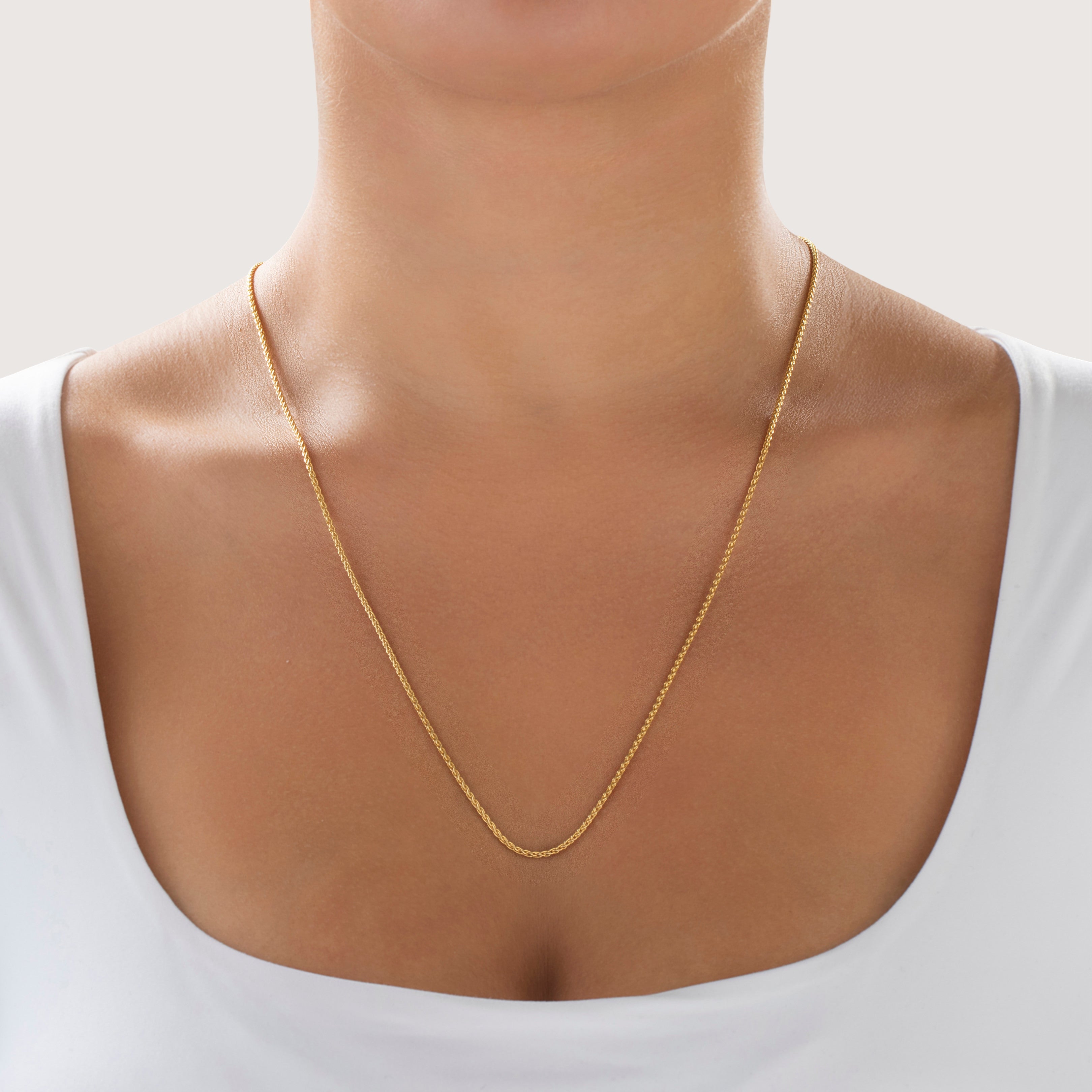 Vintage Italian 14k Yellow Gold Long Spiga Chain Necklace  - On model view