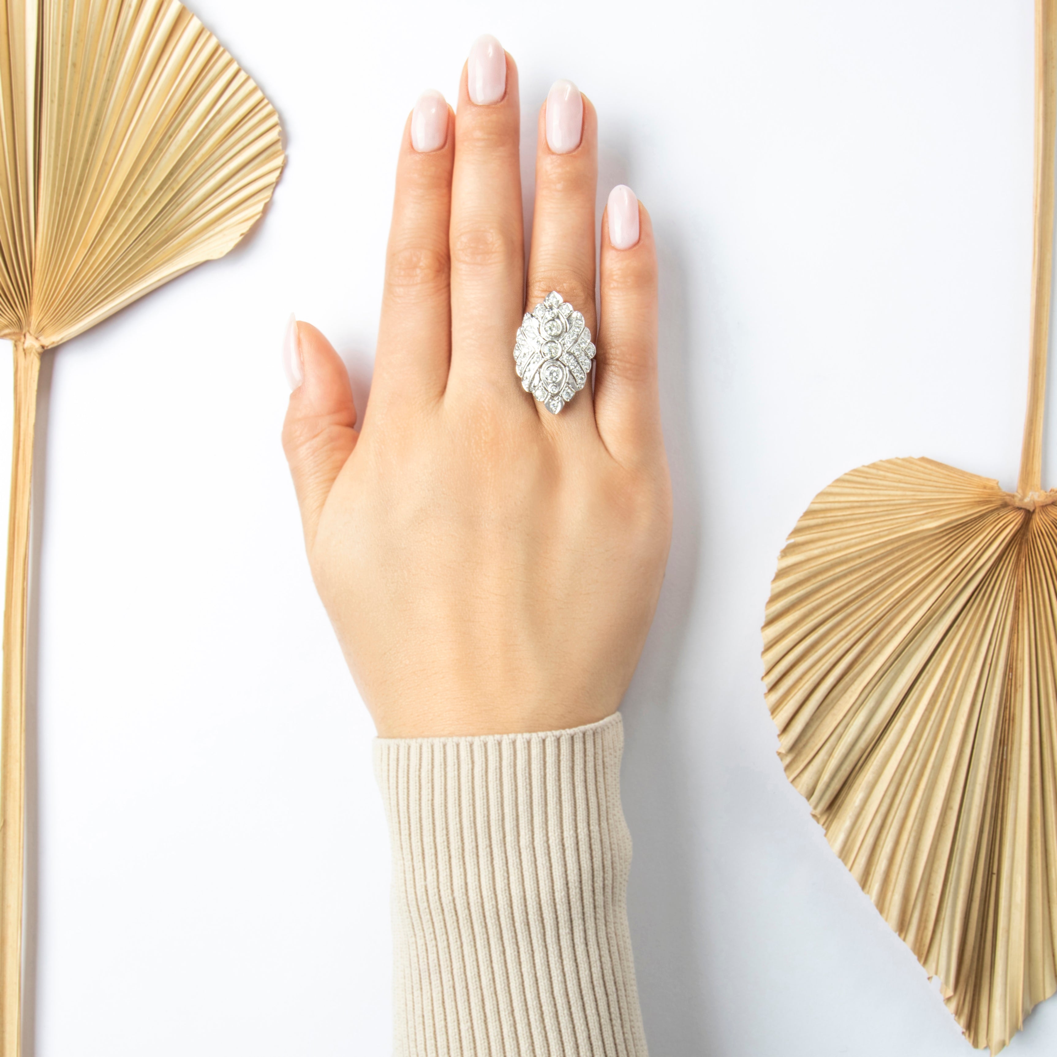 Vintage Large 14k White Gold 1.055cttw Diamond Bold Cocktail Ring - On model view