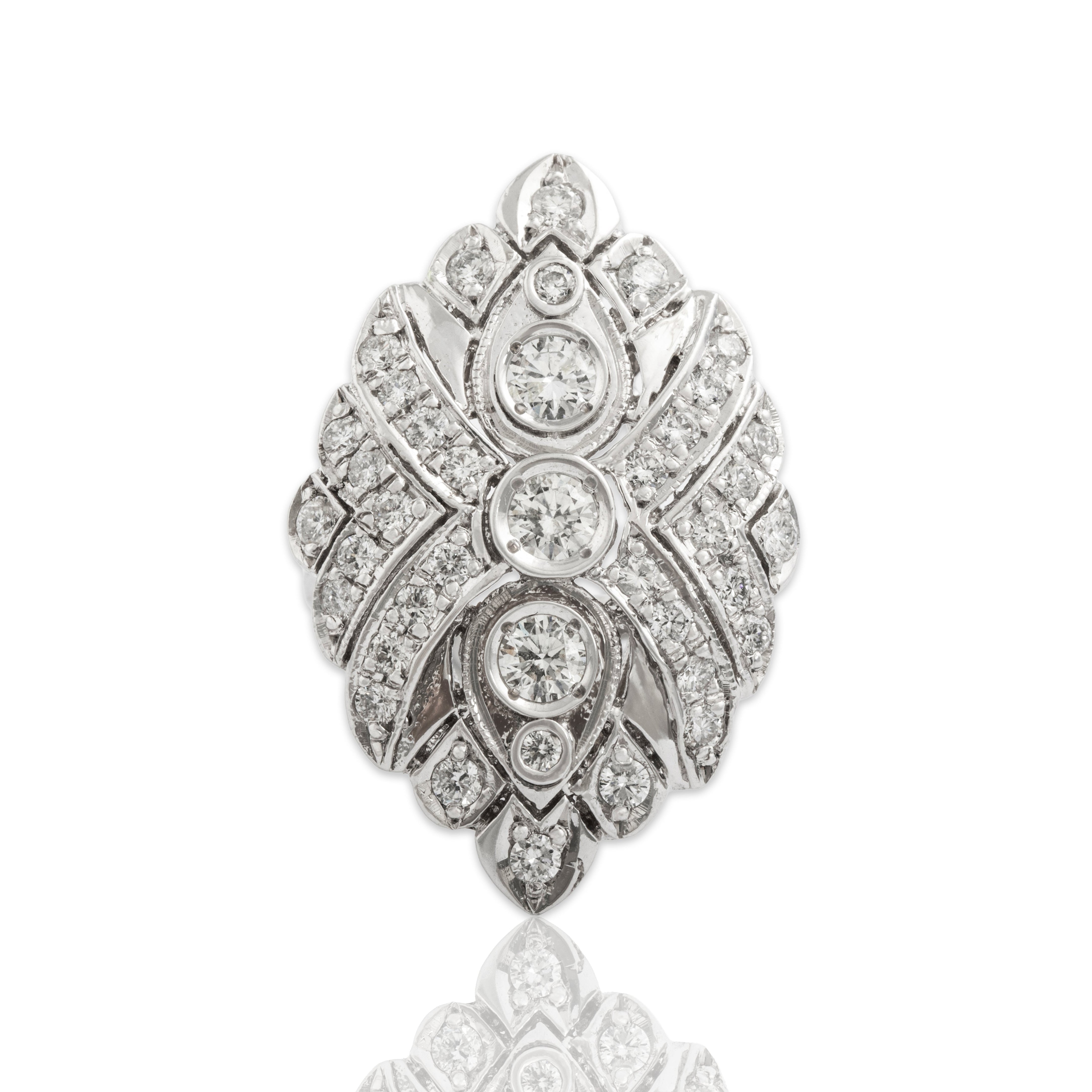 Vintage Large 14k White Gold 1.055cttw Diamond Bold Cocktail Ring - Close-up view