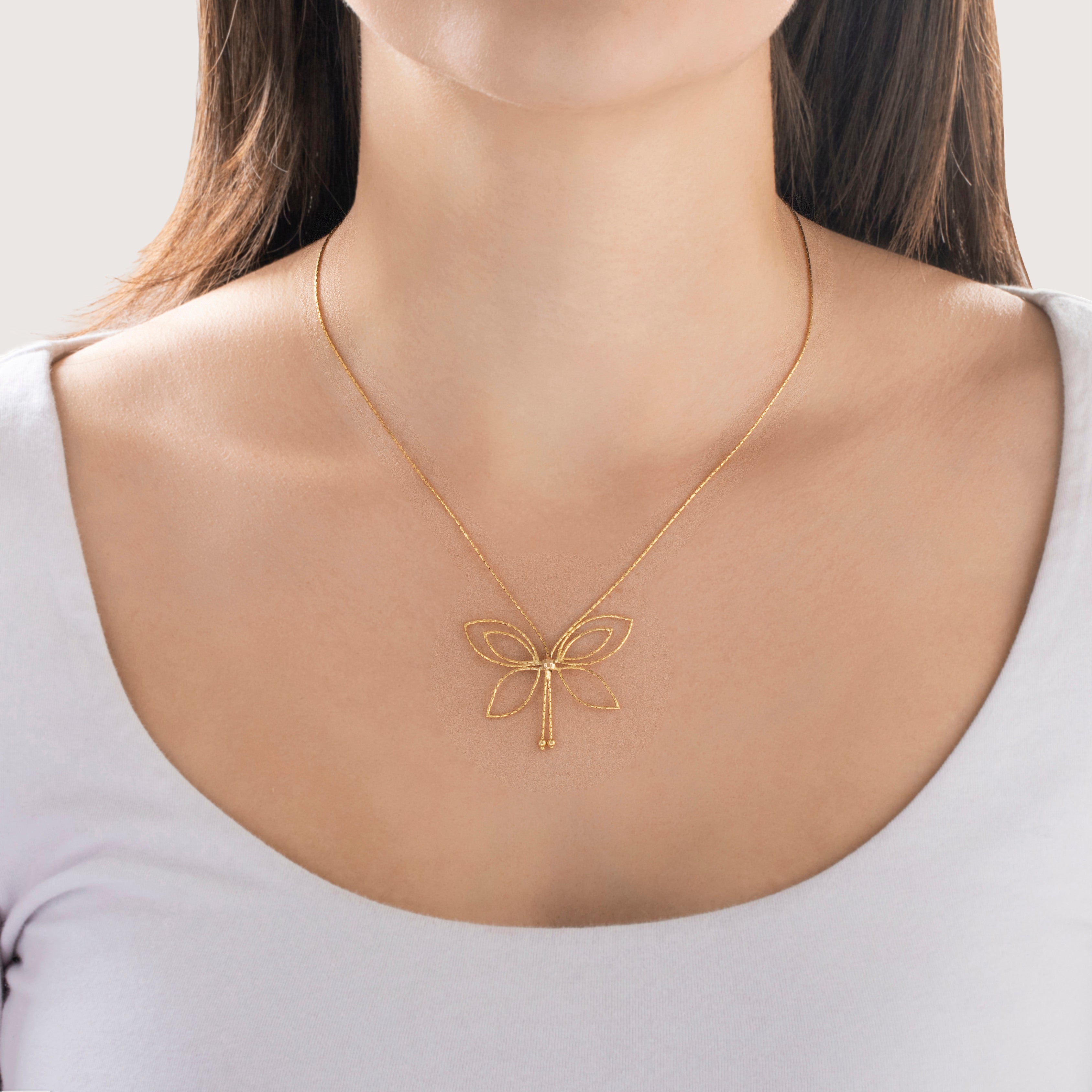 Vintage Italian 14k Yellow Gold Stunning Butterfly Necklace - On model view