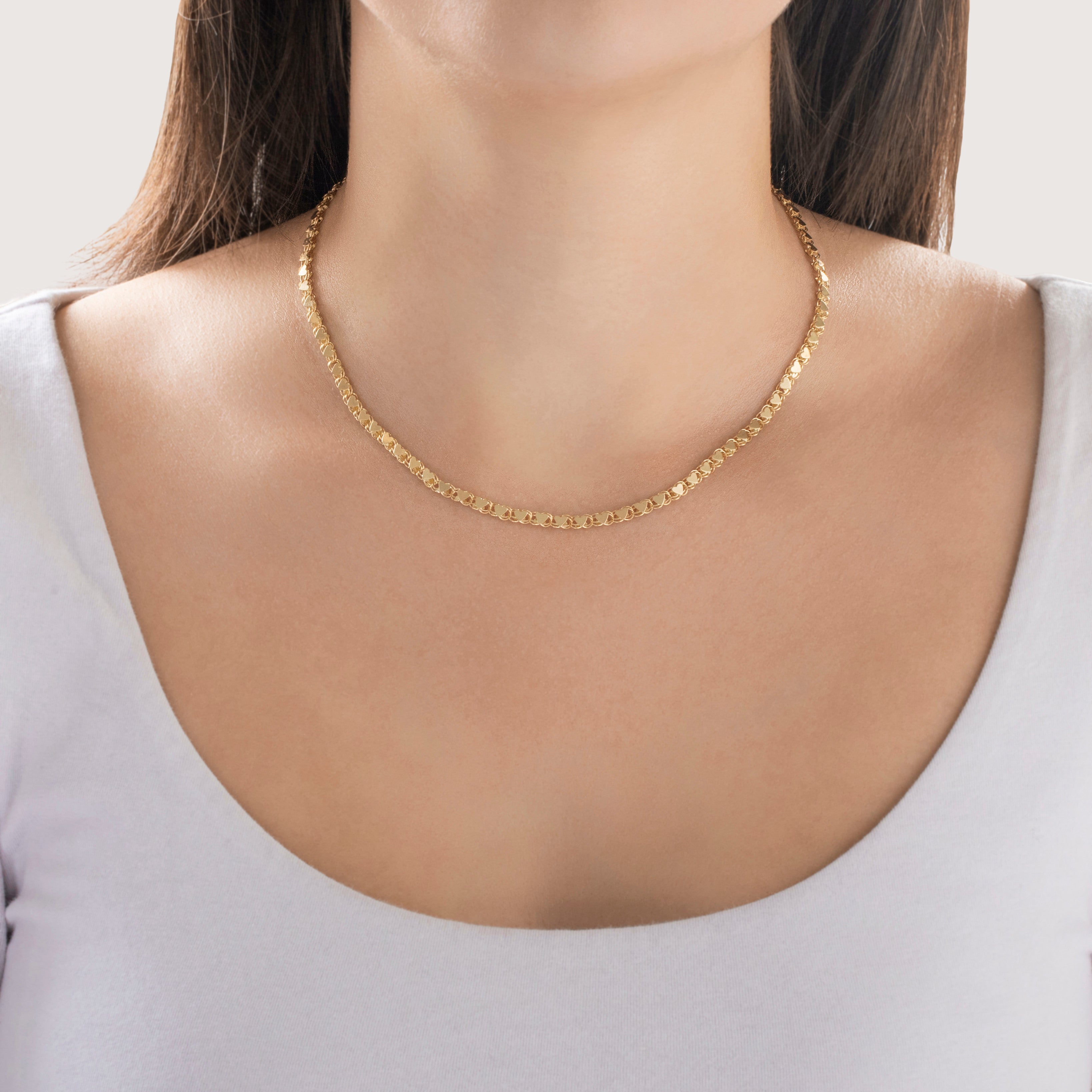 Vintage 14k Yellow Gold Romantic Heart Link Necklace - On model view