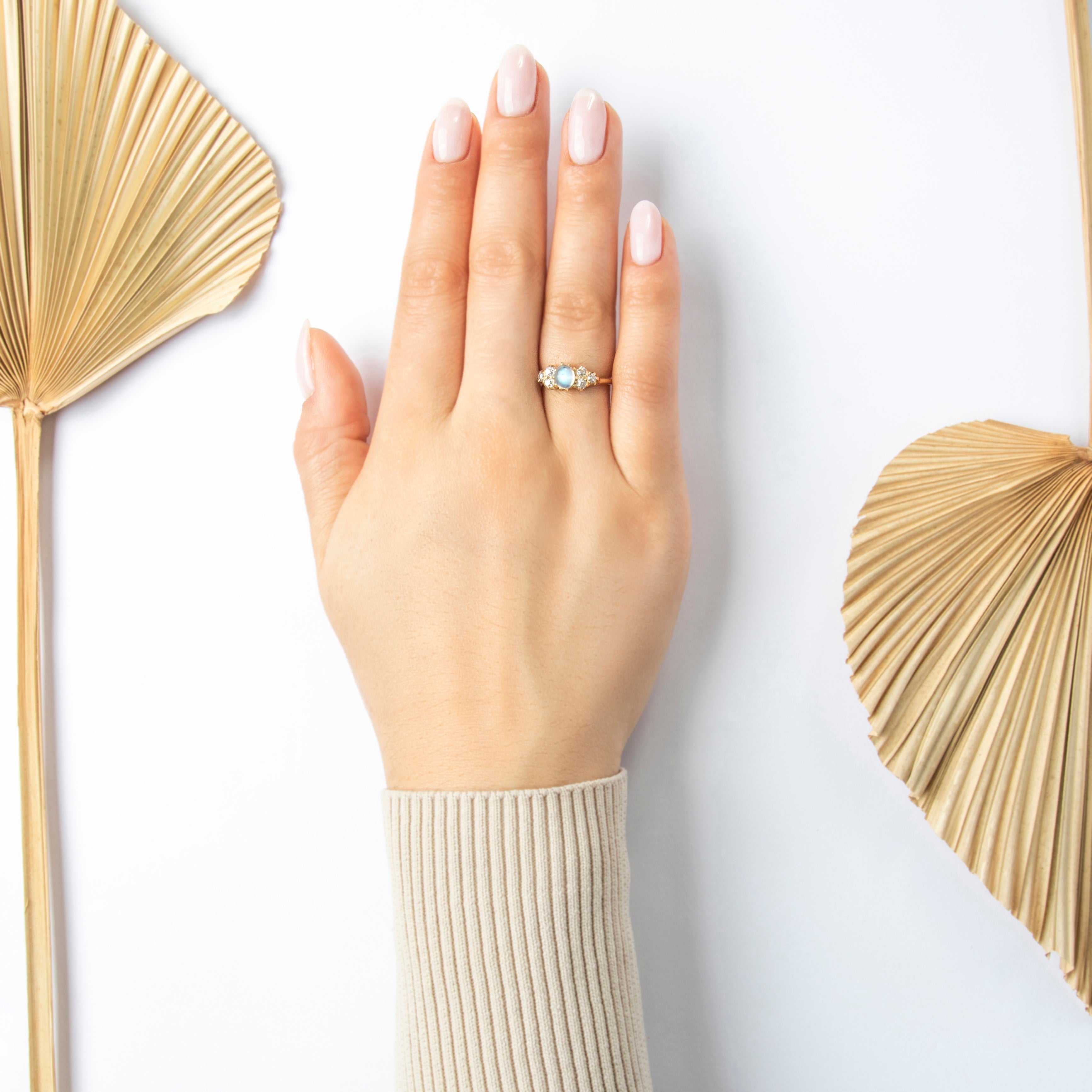 Antique 14k Yellow Gold Moonstone .406cttw Old Mine Diamond Luminous Ring - On model view