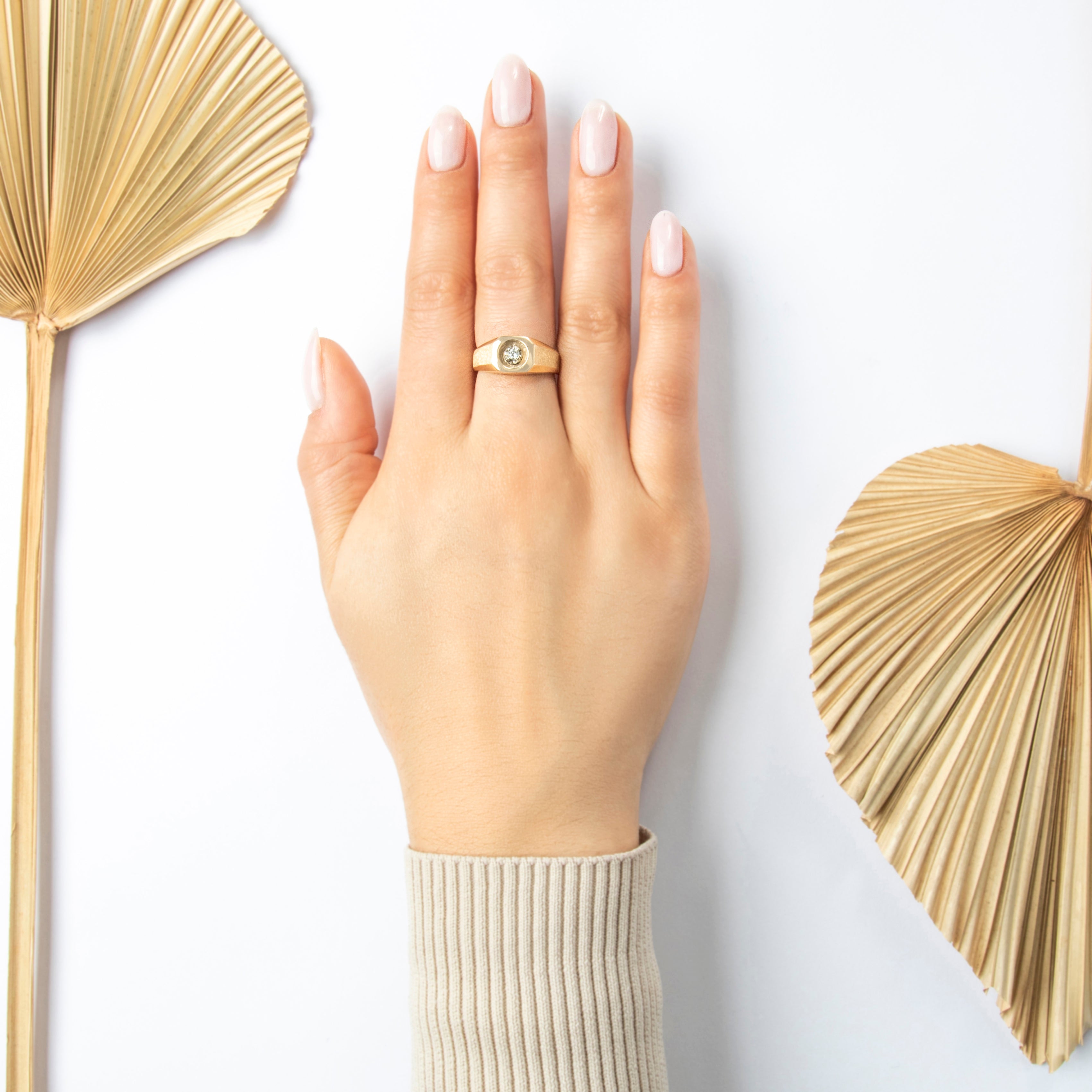 Vintage Heavy 10k Yellow Gold Diamond Textured Geometric Solitaire Ring - On model view