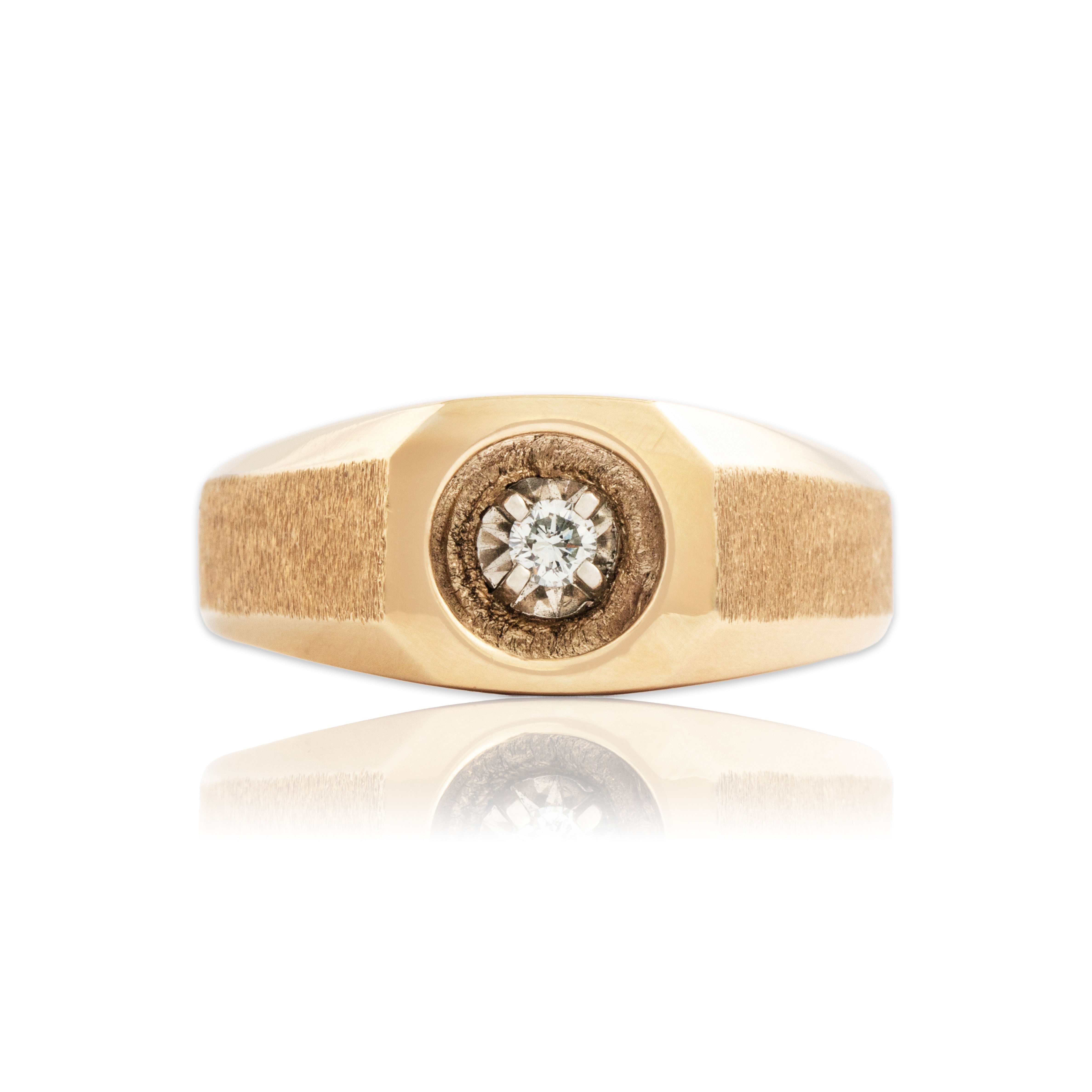 Vintage Heavy 10k Yellow Gold Diamond Textured Geometric Solitaire Ring 8.25