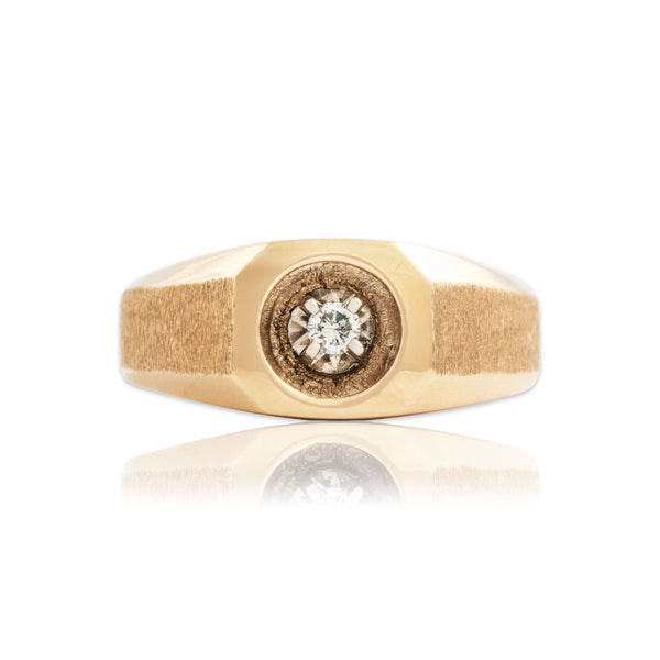 Vintage Heavy 10k Yellow Gold Diamond Textured Geometric Solitaire Ring 8.25