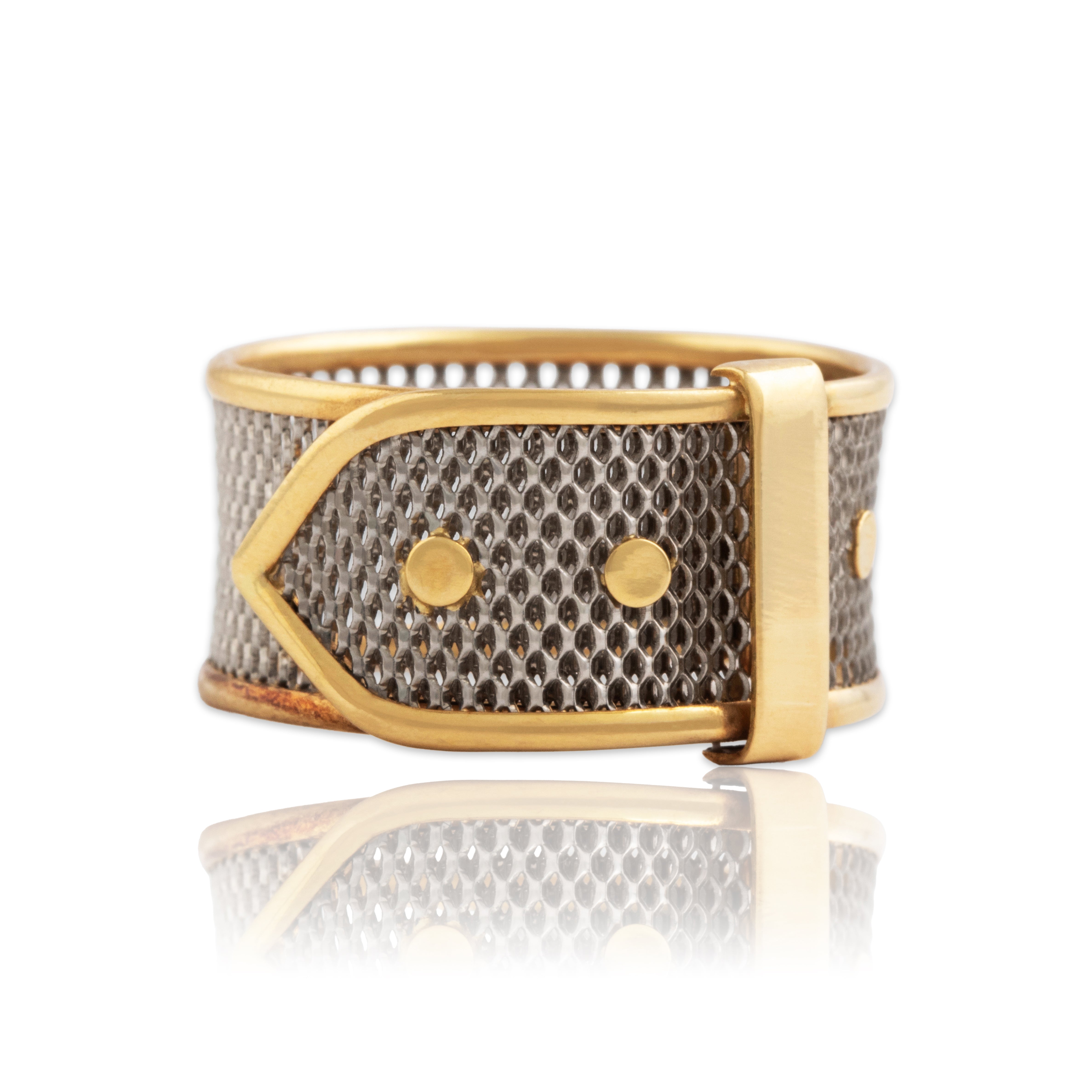 Vintage Italian 18k Yellow Gold & Platinum Unusual Open Mesh Buckle Ring - Close-up view