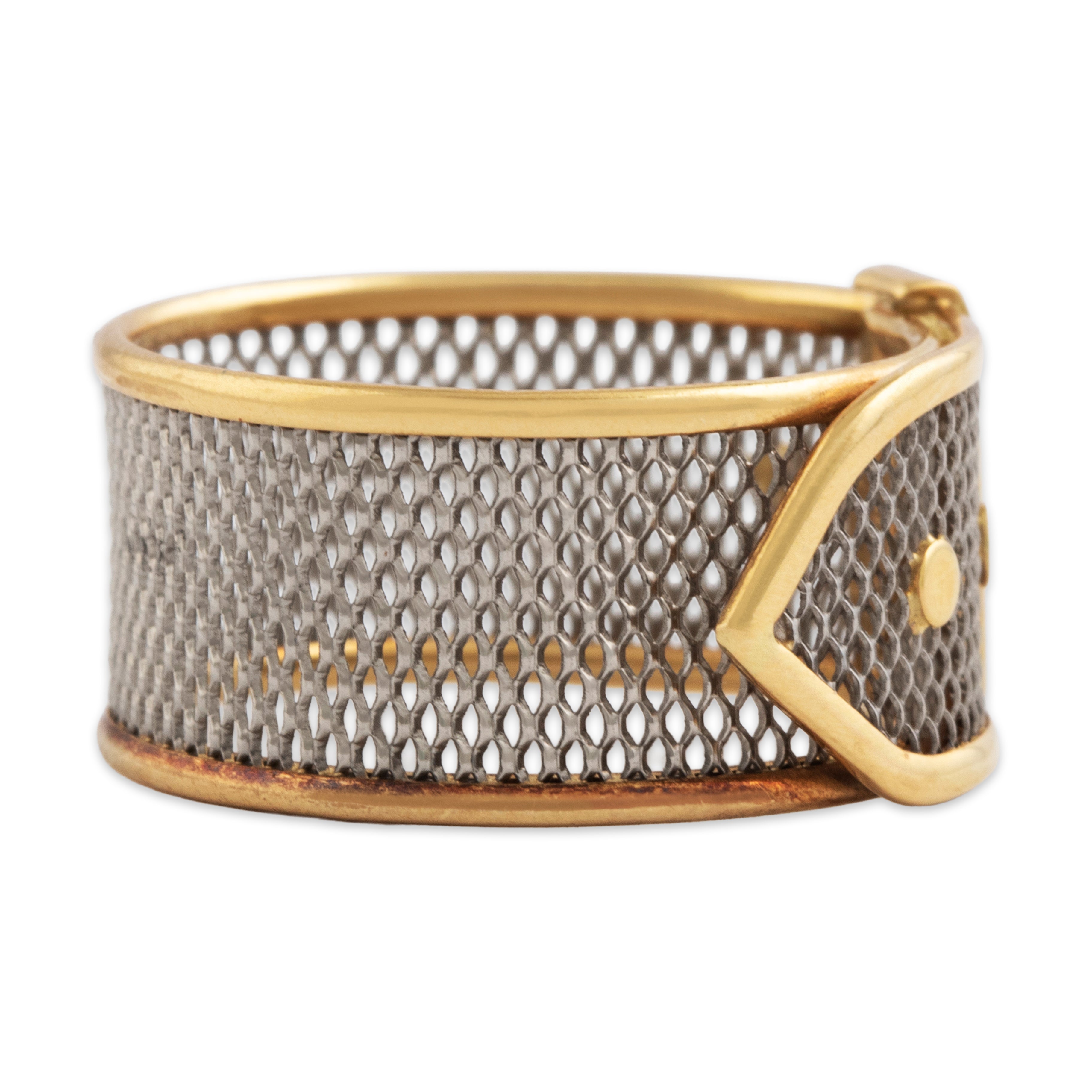 Vintage Italian 18k Yellow Gold & Platinum Unusual Open Mesh Buckle Ring - detail view #1