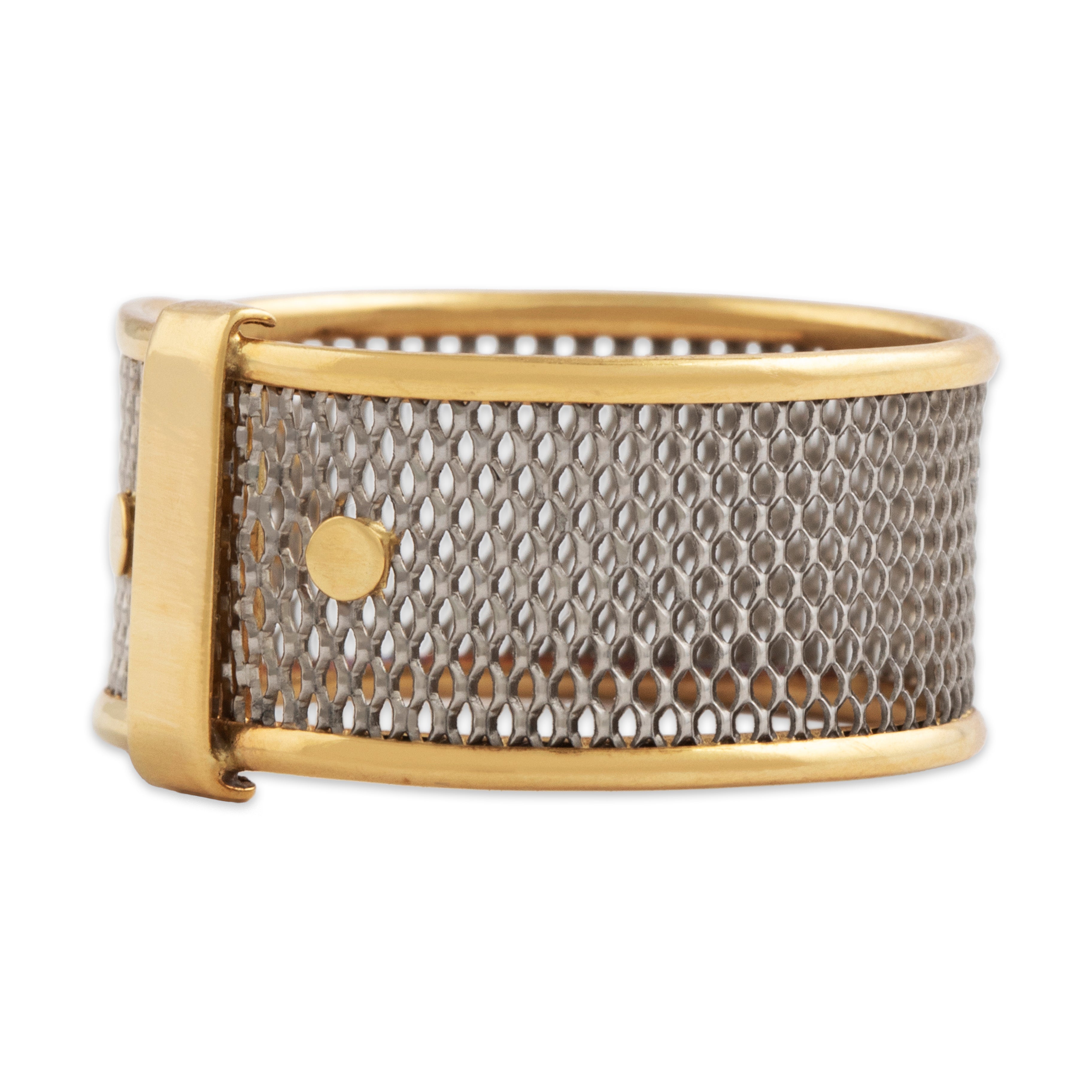 Vintage Italian 18k Yellow Gold & Platinum Unusual Open Mesh Buckle Ring - detail view #2