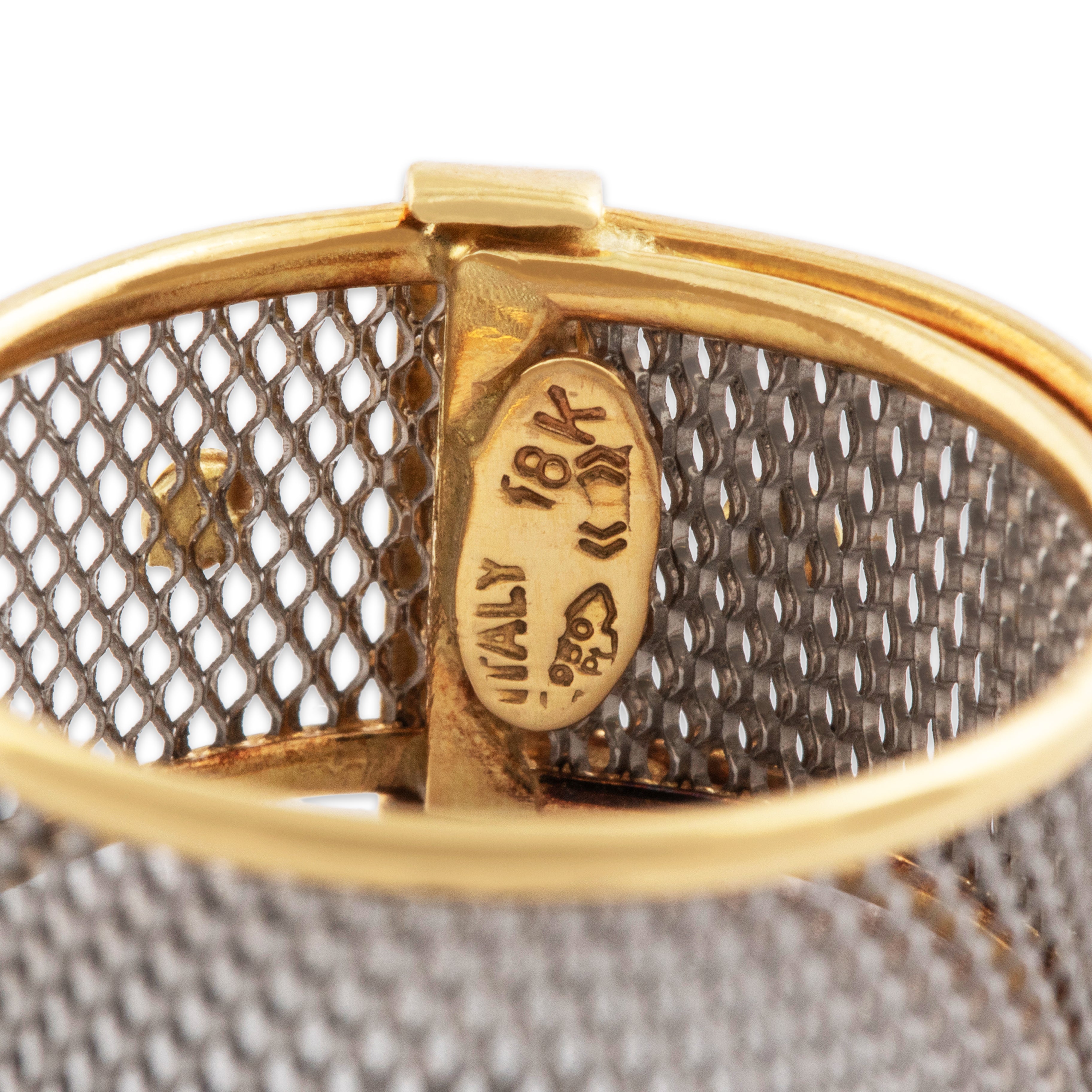 Vintage Italian 18k Yellow Gold & Platinum Unusual Open Mesh Buckle Ring - Hallmark view
