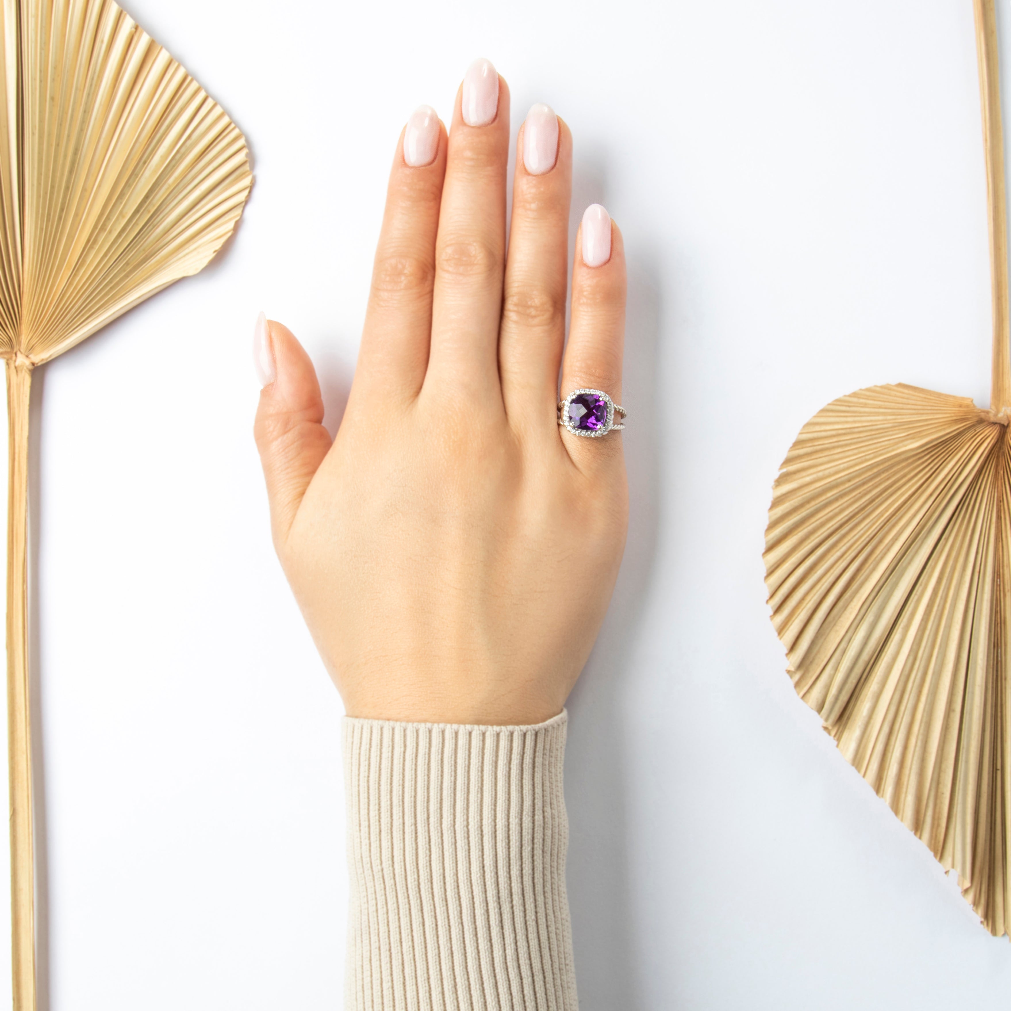 Vintage 14k White Gold 4ct Amethyst Diamond Checkerboard Halo Cocktail Ring - On model view