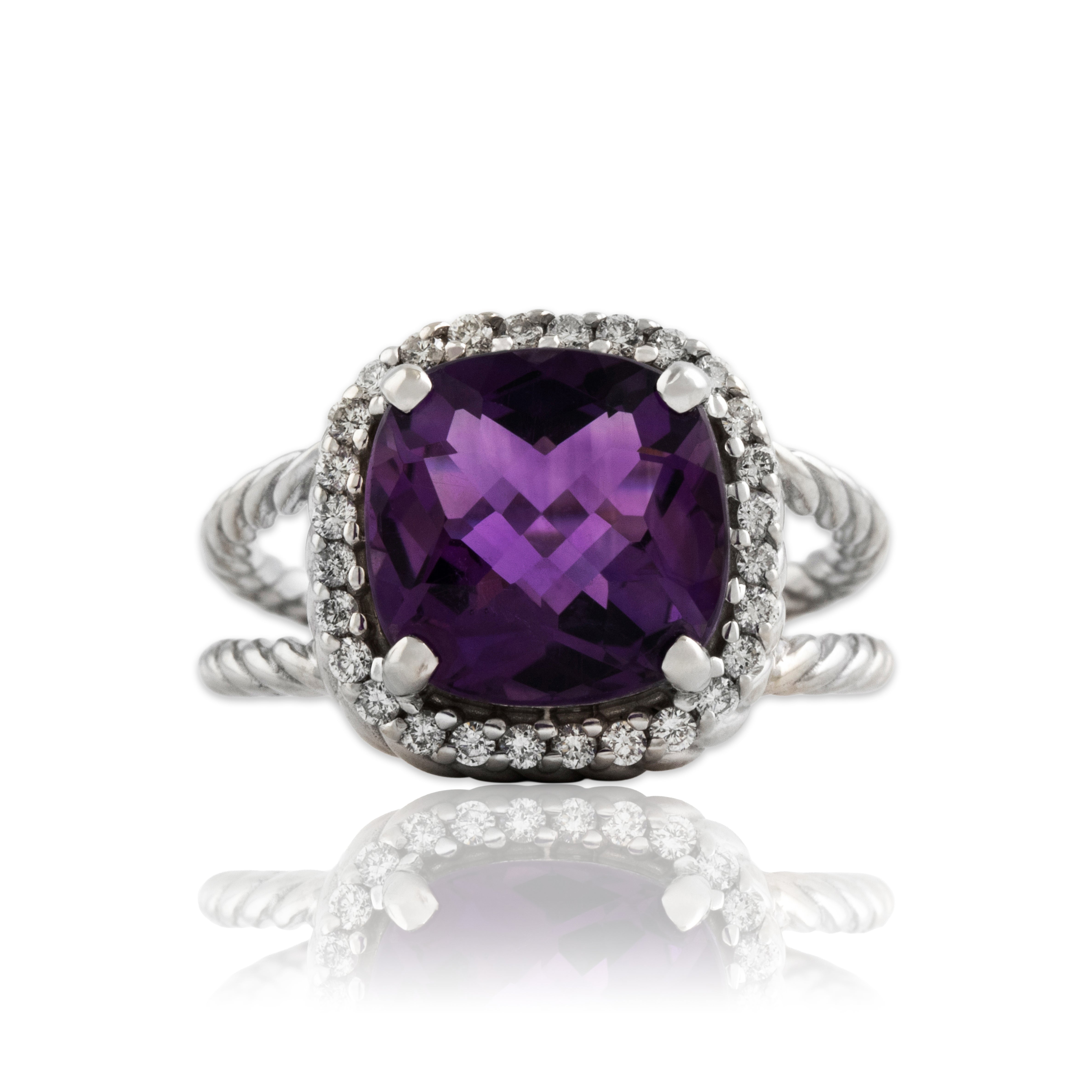 Vintage 14k White Gold 4ct Amethyst Diamond Checkerboard Halo Cocktail Ring - Close-up view