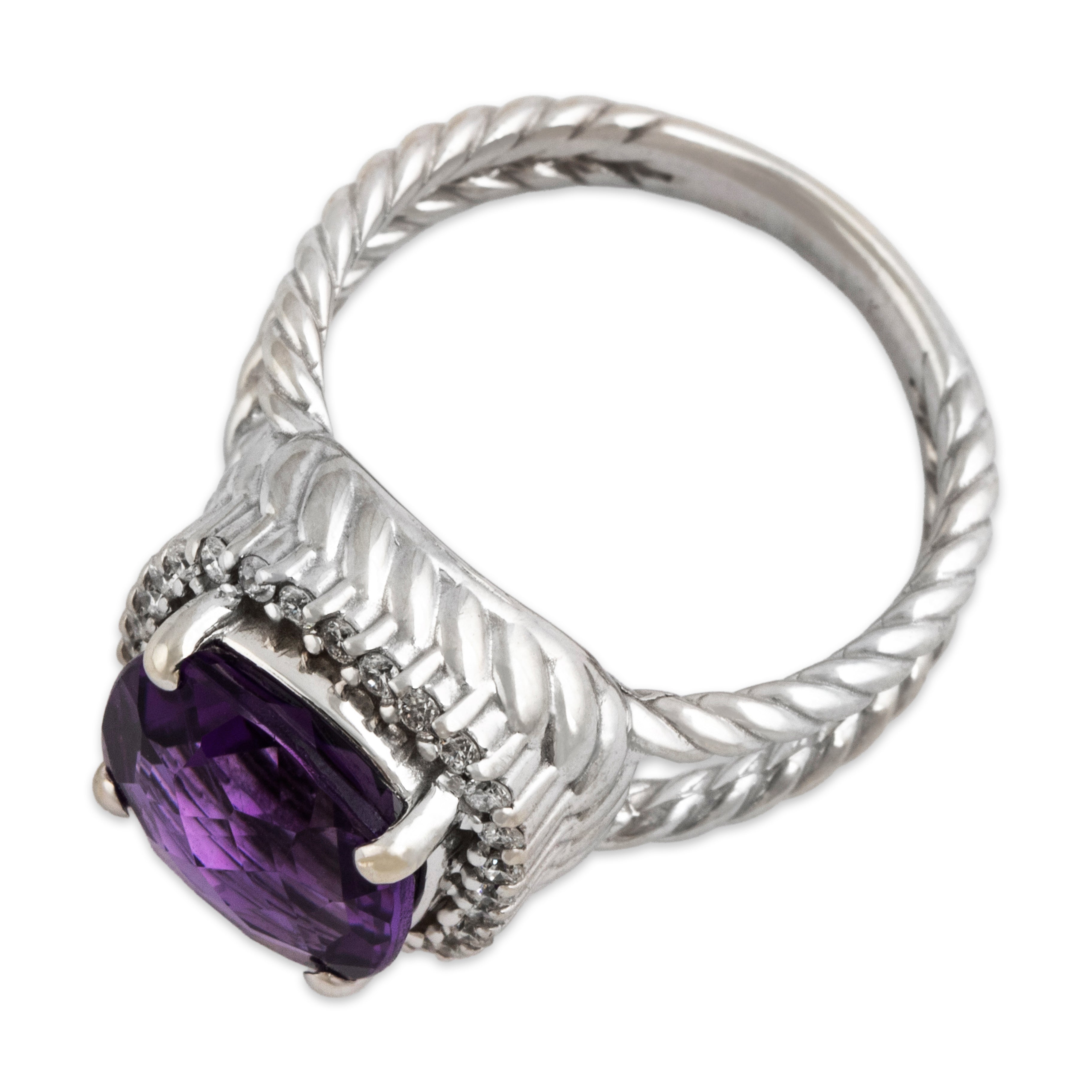 Vintage 14k White Gold 4ct Amethyst Diamond Checkerboard Halo Cocktail Ring - Overall view