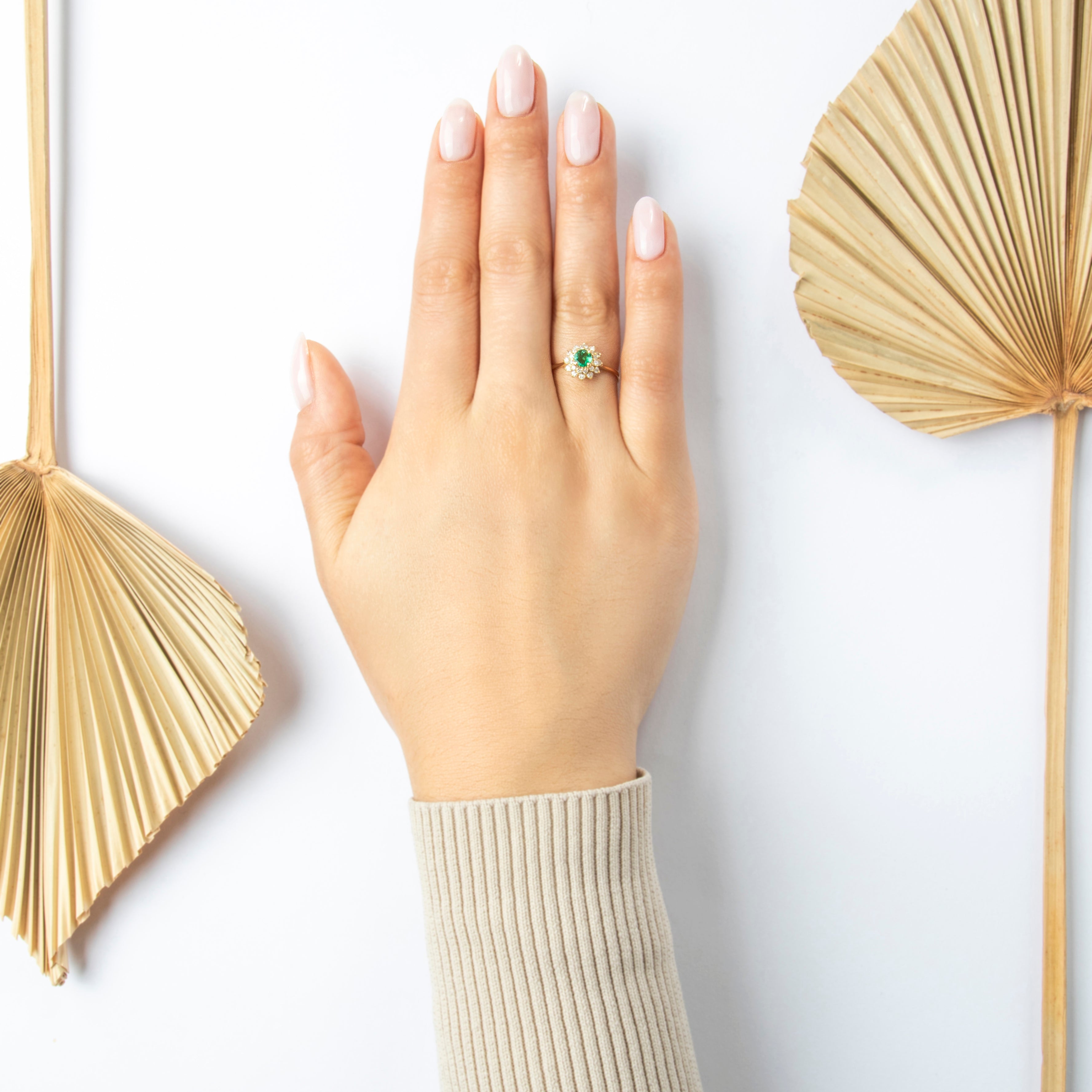 Vintage 14k Yellow Gold Emerald Diamond Sparkling Double Halo Dome Ring - On model view