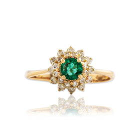 Vintage 14k Yellow Gold Emerald Diamond Sparkling Double Halo Ring 7.25