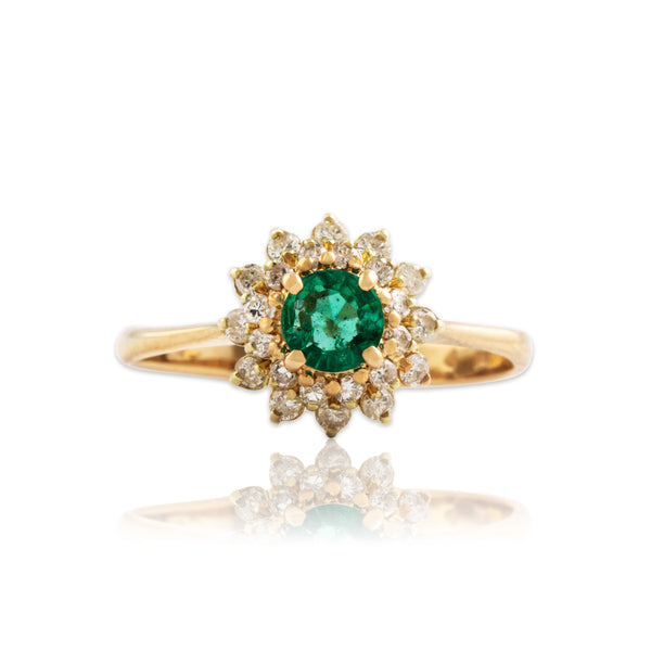 Vintage 14k Yellow Gold Emerald Diamond Sparkling Double Halo Ring 7.25