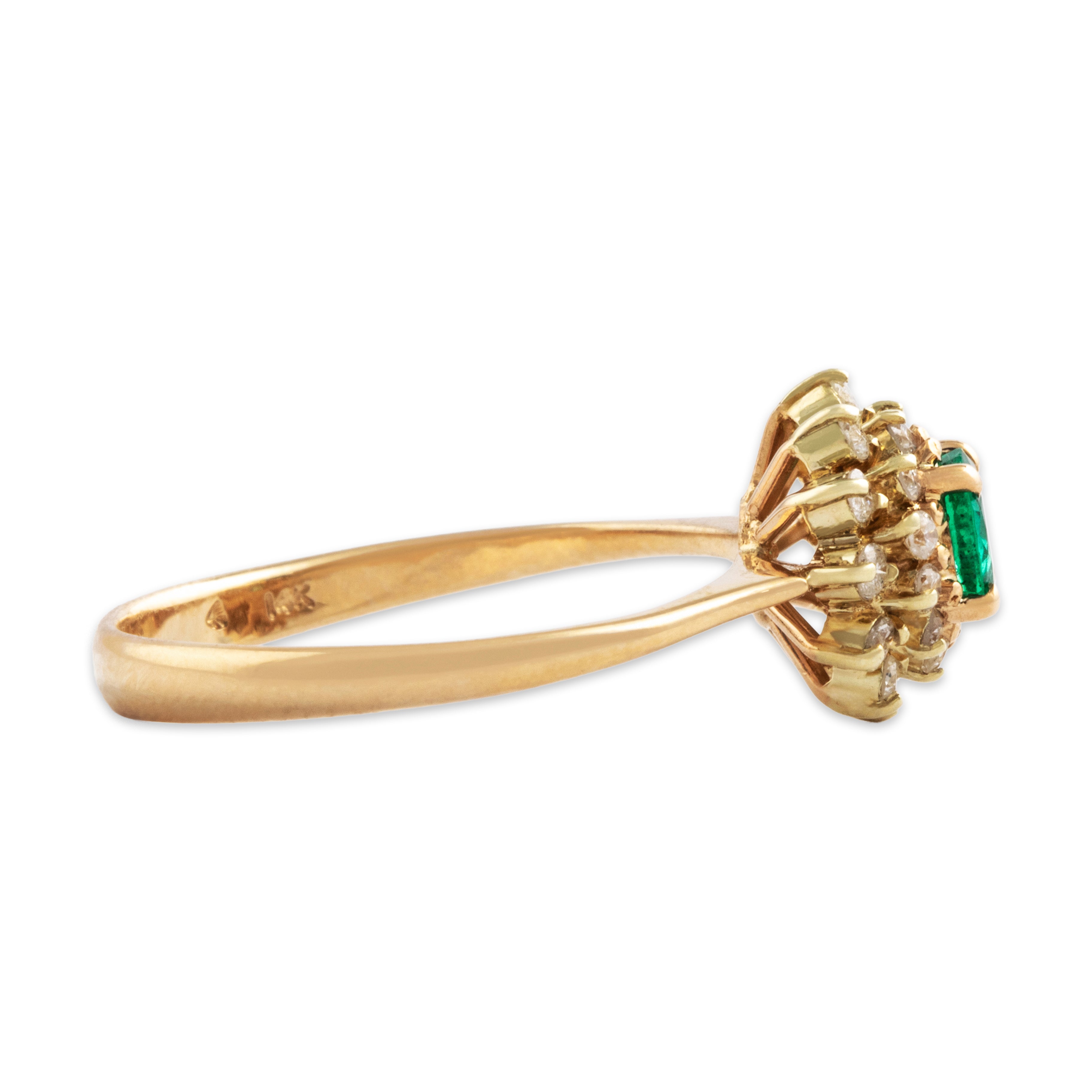 Vintage 14k Yellow Gold Emerald Diamond Sparkling Double Halo Dome Ring - Side view