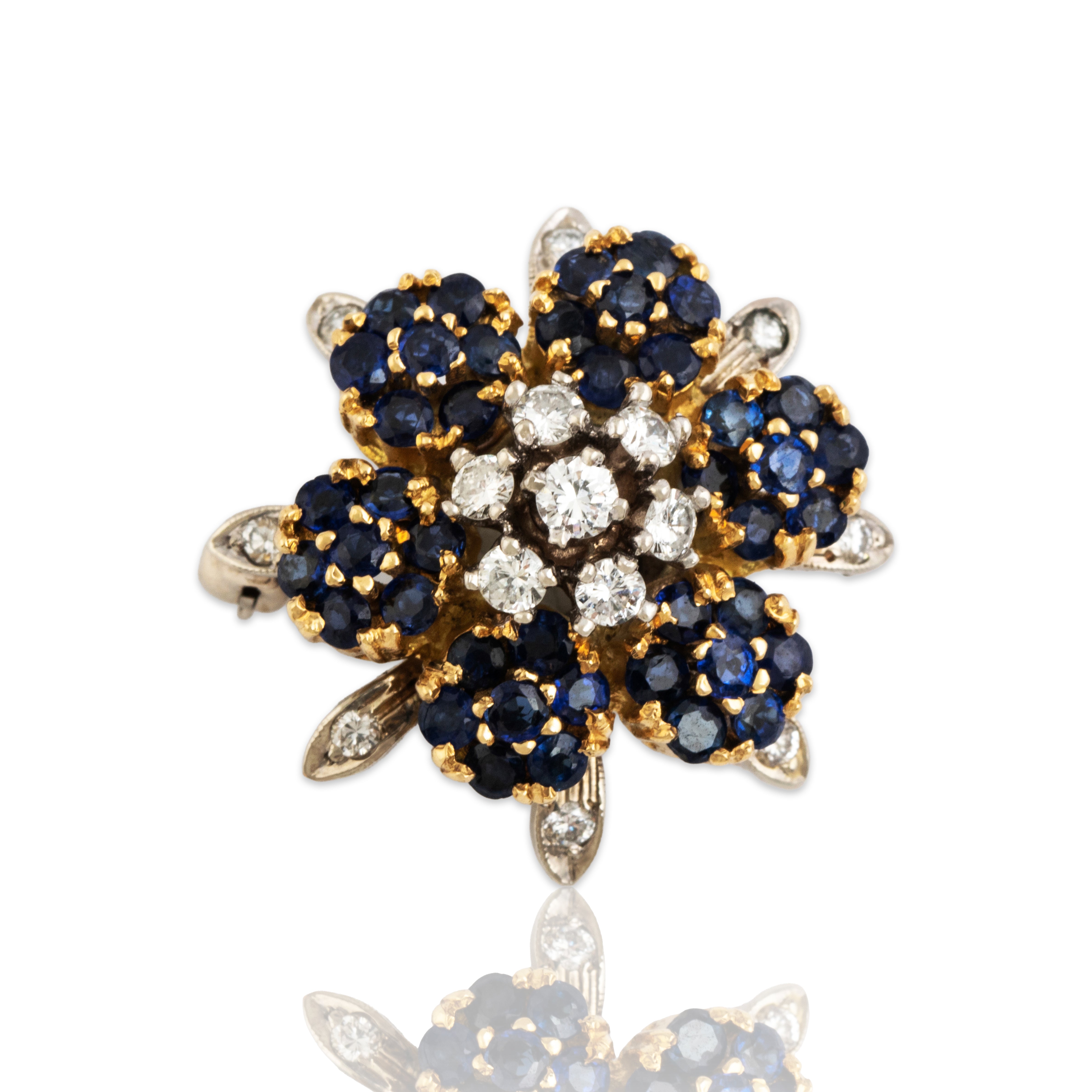 Vintage 18k Yellow & 14k White Gold 1.7cttw Blue Sapphire Diamond Flower Pin / Pendant - Close-up view