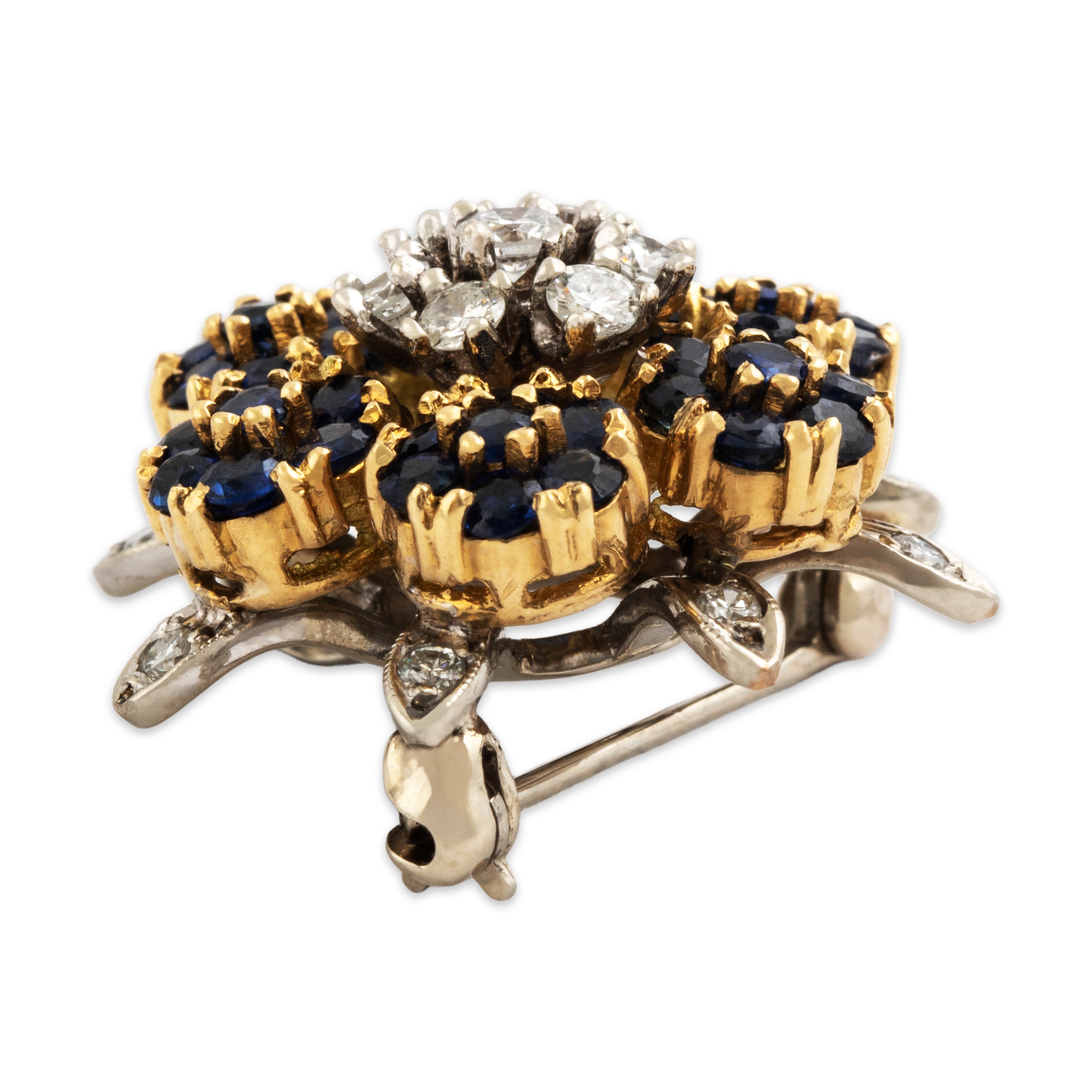 Vintage 18k Yellow & 14k White Gold 1.7cttw Blue Sapphire Diamond Flower Pin / Pendant - Side view