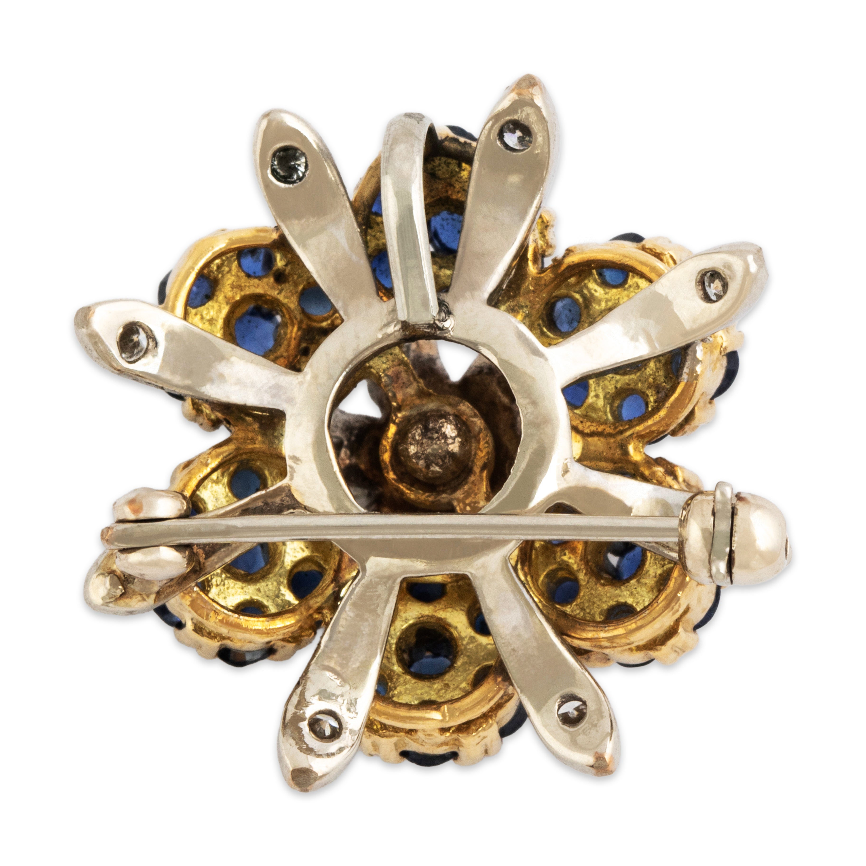 Vintage 18k Yellow & 14k White Gold 1.7cttw Blue Sapphire Diamond Flower Pin / Pendant - Back view