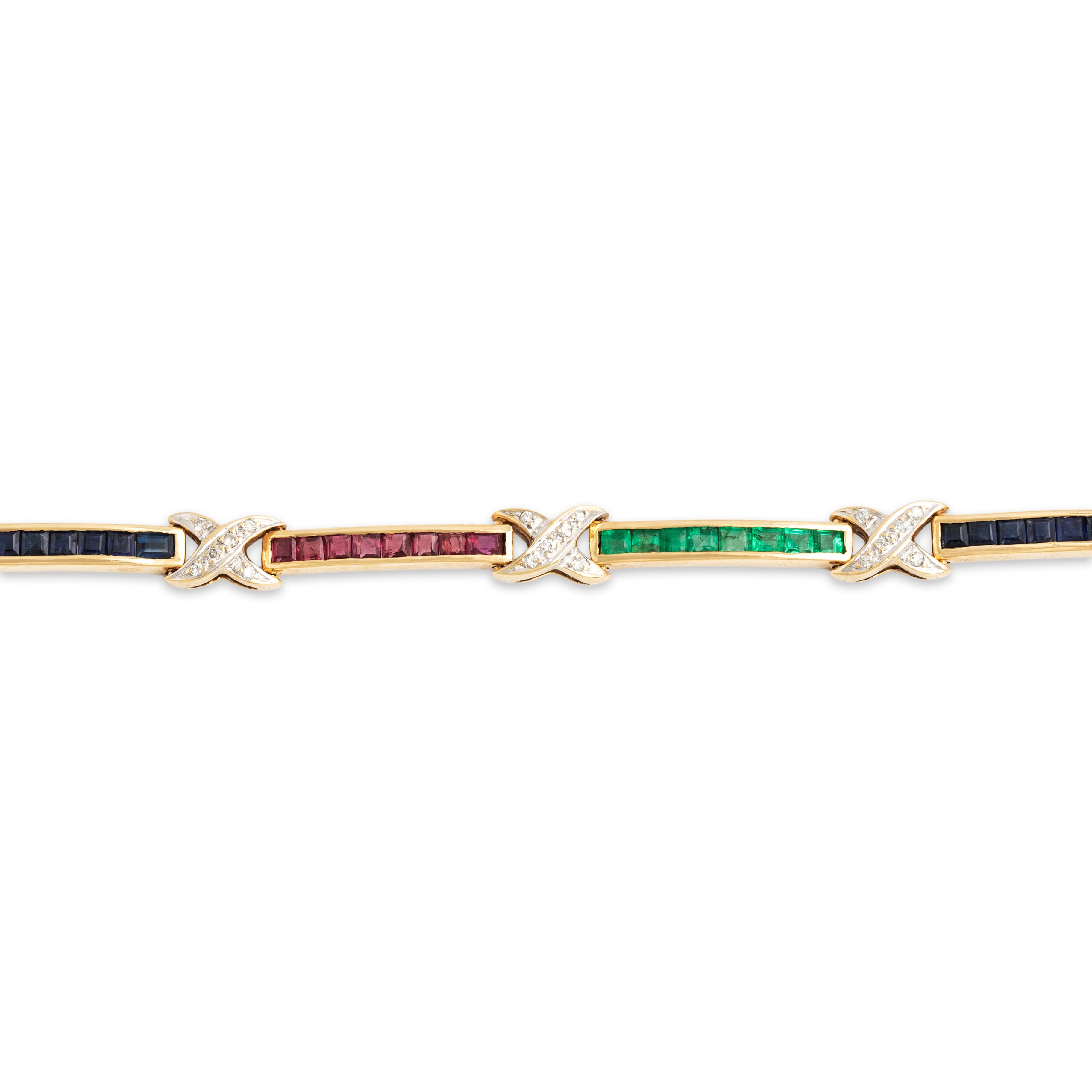 Vintage 14k Yellow Gold Sapphire Ruby Lovely Channel-Set Criss-Cross Link Bracelet - detail view #1