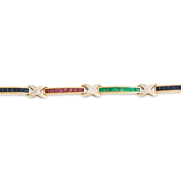 Vintage 14k Yellow Gold Sapphire Ruby Emerald Diamond Knot Line Bracelet 6.5