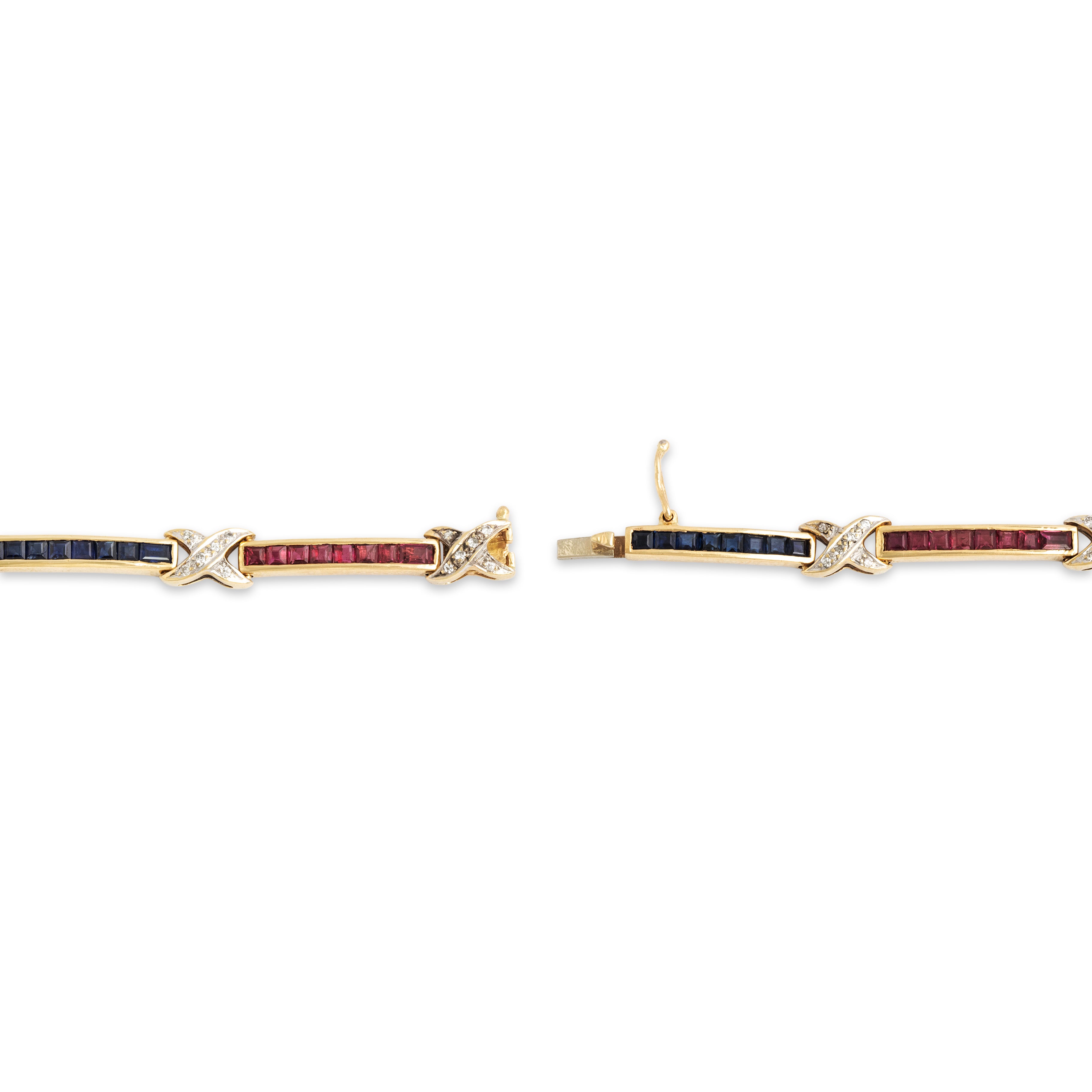 Vintage 14k Yellow Gold Sapphire Ruby Lovely Channel-Set Criss-Cross Link Bracelet - clasp view