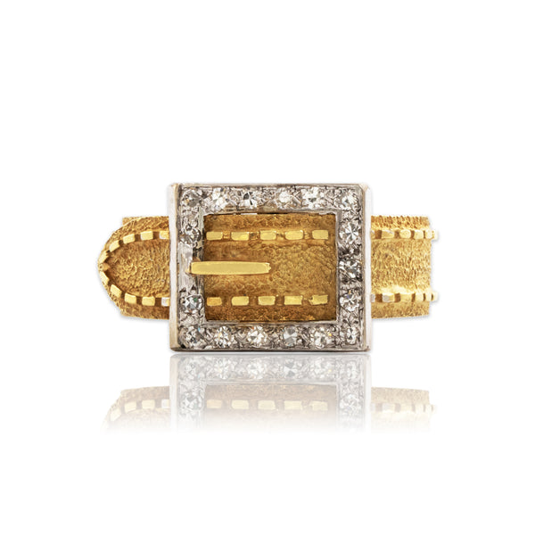 Vintage 18k Yellow & 14k White Gold Diamond Fantastic Belt Buckle Ring 6.25