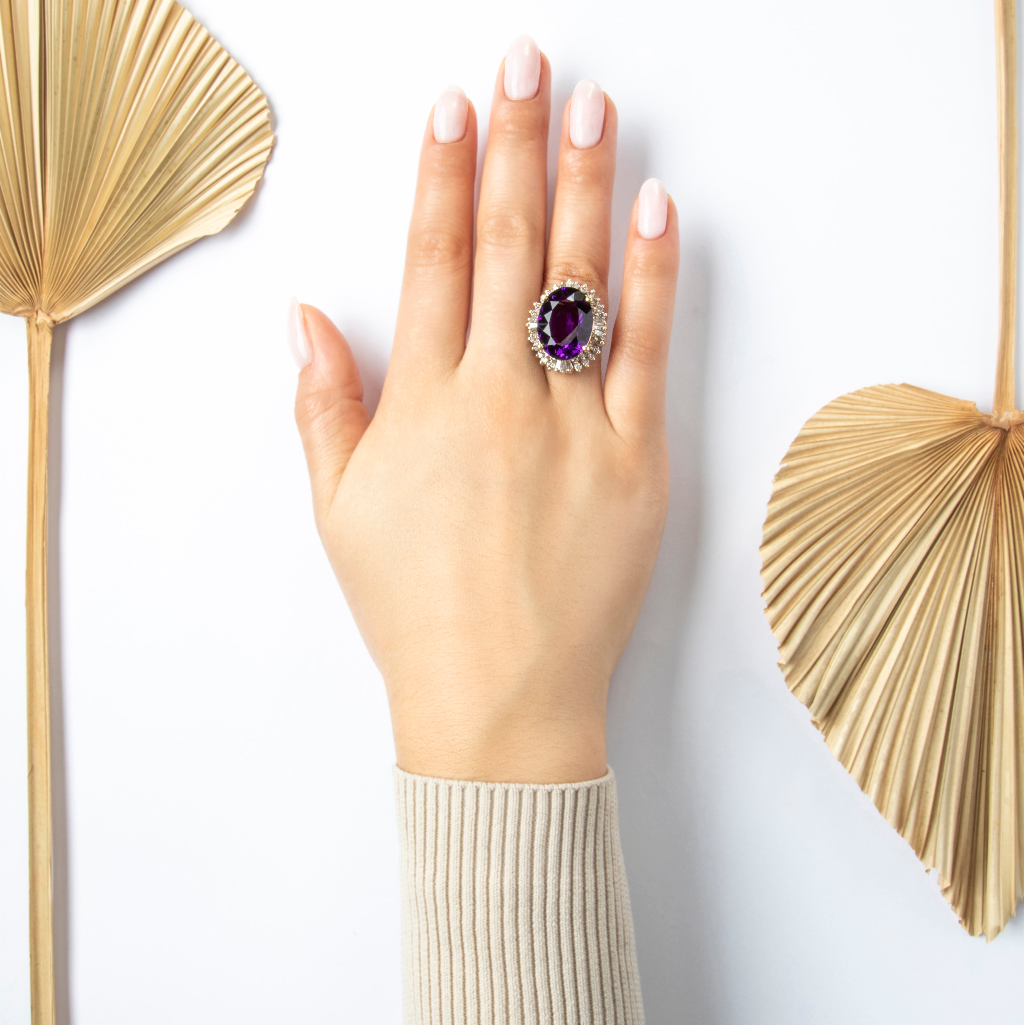 Vintage Large 14k Yellow Gold 13.5ct Amethyst 1.26cttw Diamond Halo Ring - On model view