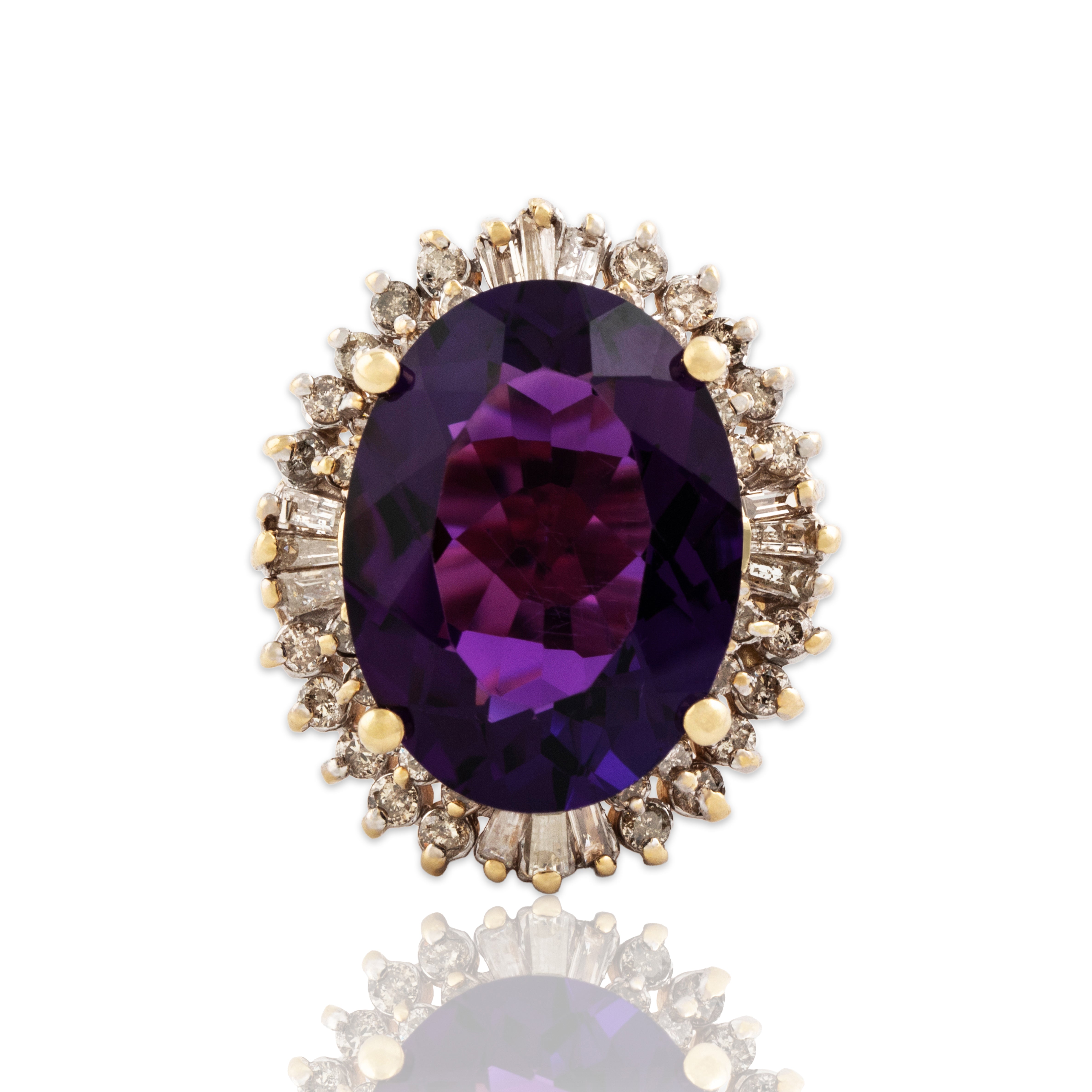 Vintage Large 14k Yellow Gold 13.5ct Amethyst 1.26cttw Diamond Halo Ring 7.25
