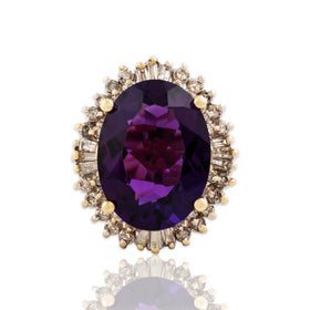 Vintage Large 14k Yellow Gold 13.5ct Amethyst 1.26cttw Diamond Halo Ring 7.25
