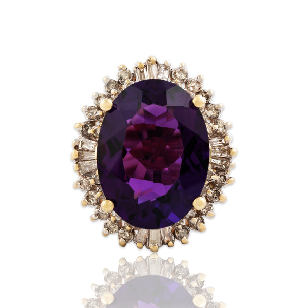 Vintage Large 14k Yellow Gold 13.5ct Amethyst 1.26cttw Diamond Halo Ring 7.25