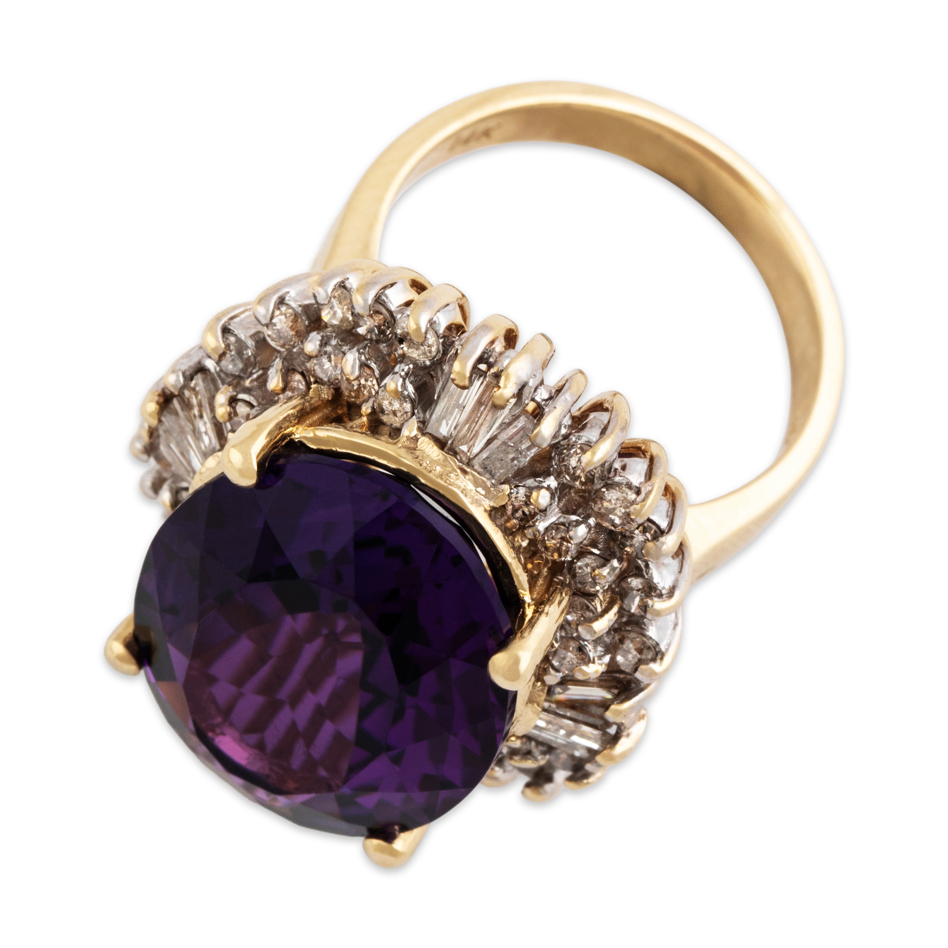 Vintage Large 14k Yellow Gold 13.5ct Amethyst 1.26cttw Diamond Halo Ring 7.25