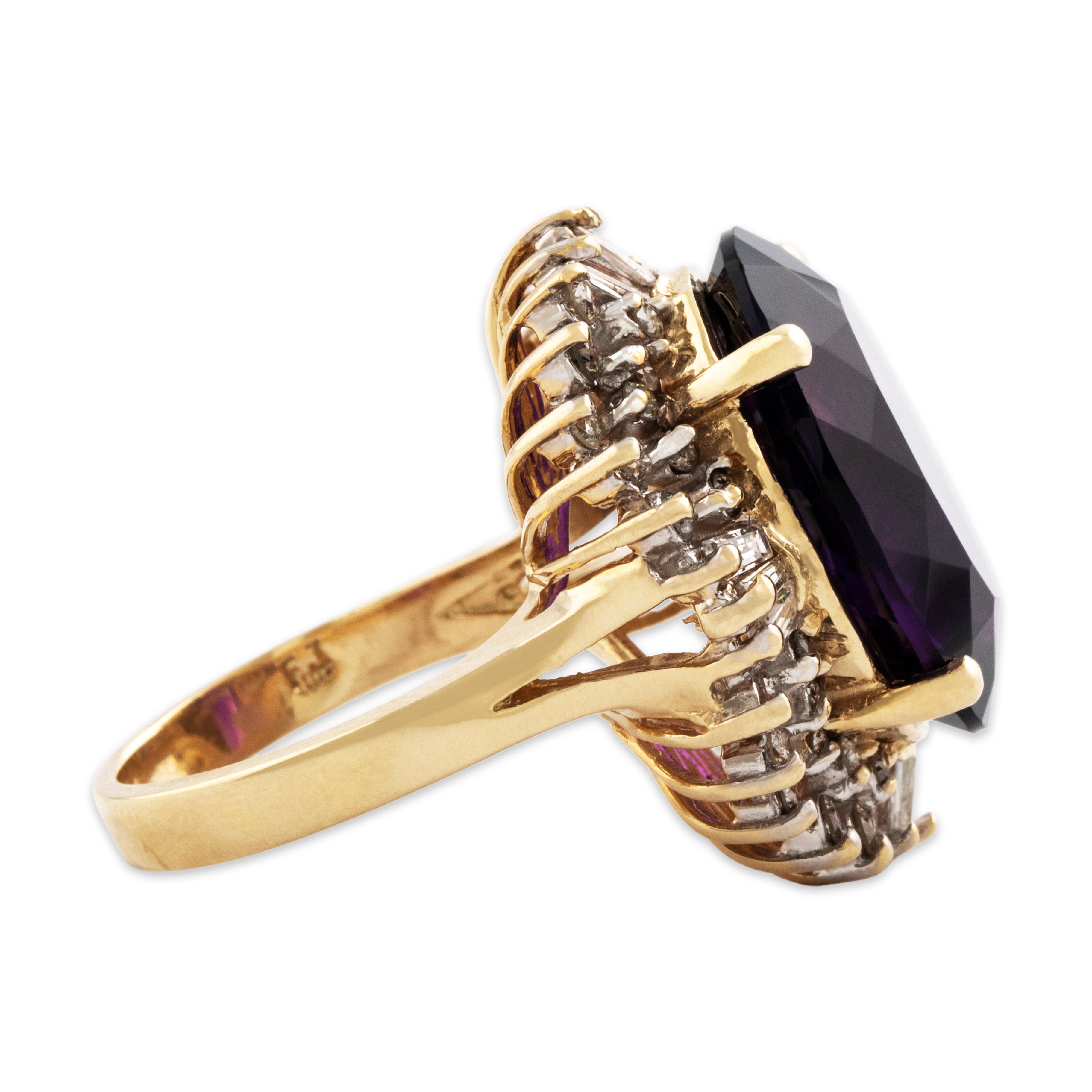 Vintage Large 14k Yellow Gold 13.5ct Amethyst 1.26cttw Diamond Halo Ring - Side view