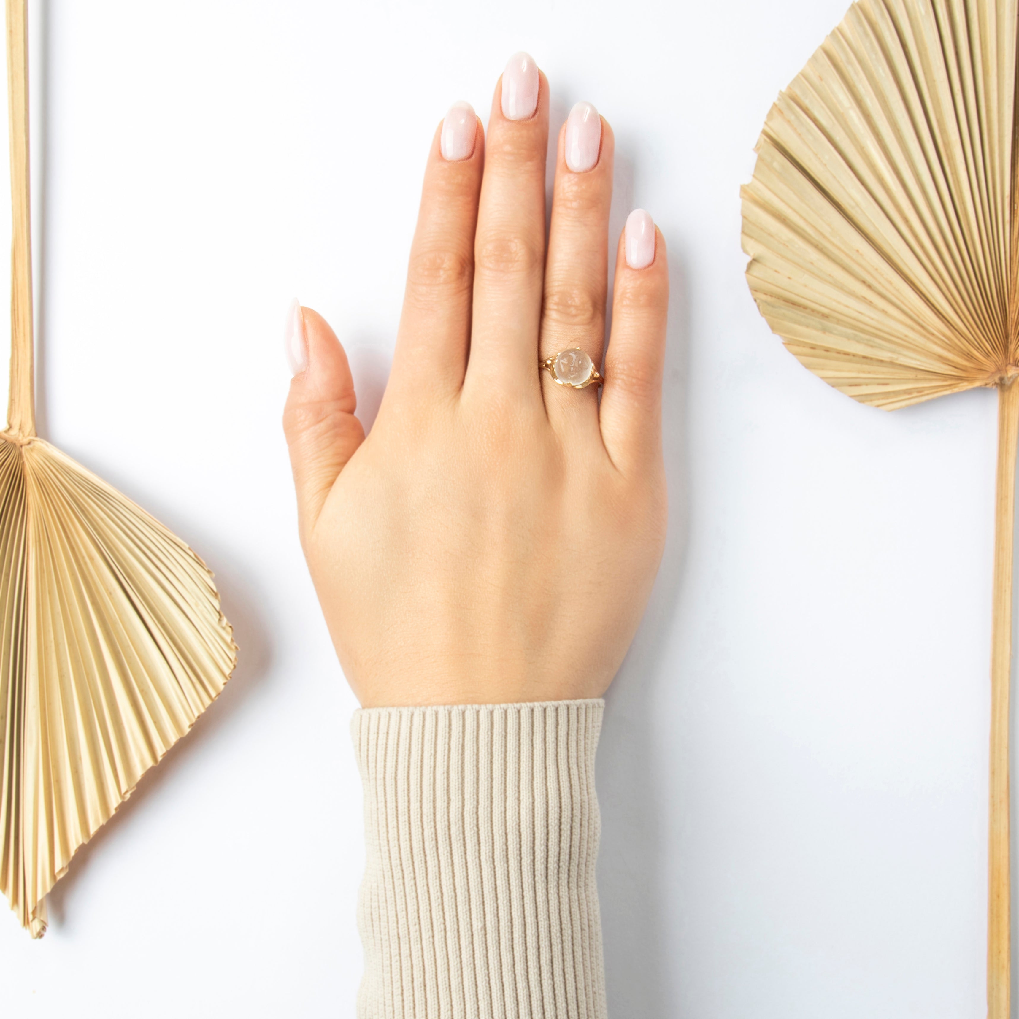 Vintage 10k Yellow Gold 3.6ct Moonstone Whimsical Man in the Moon Ring - On model view