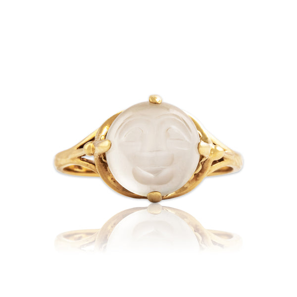 Vintage 10k Yellow Gold 3.6ct Moonstone Whimsical Man in the Moon Ring 8.25