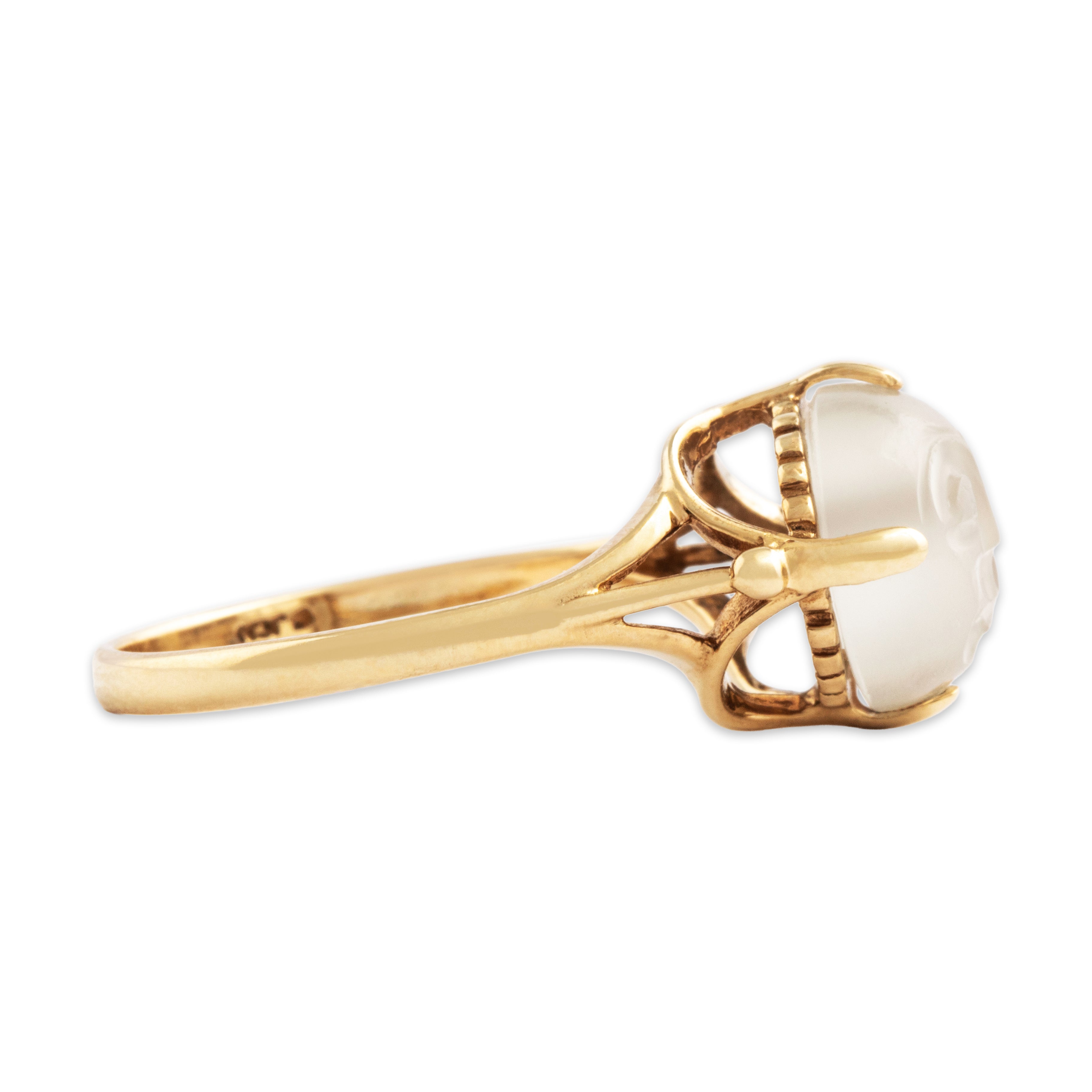 Vintage 10k Yellow Gold 3.6ct Moonstone Whimsical Man in the Moon Ring - Side view