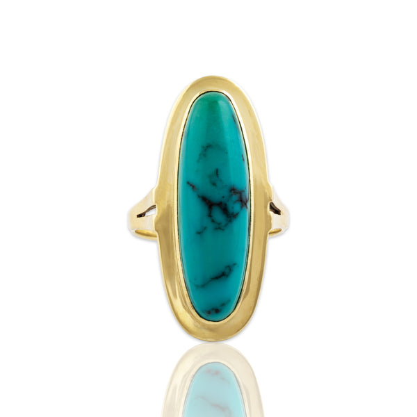 Vintage Large 14k Yellow Gold 12ct Turquoise Stunning Oblong Cabochon Ring 7.25