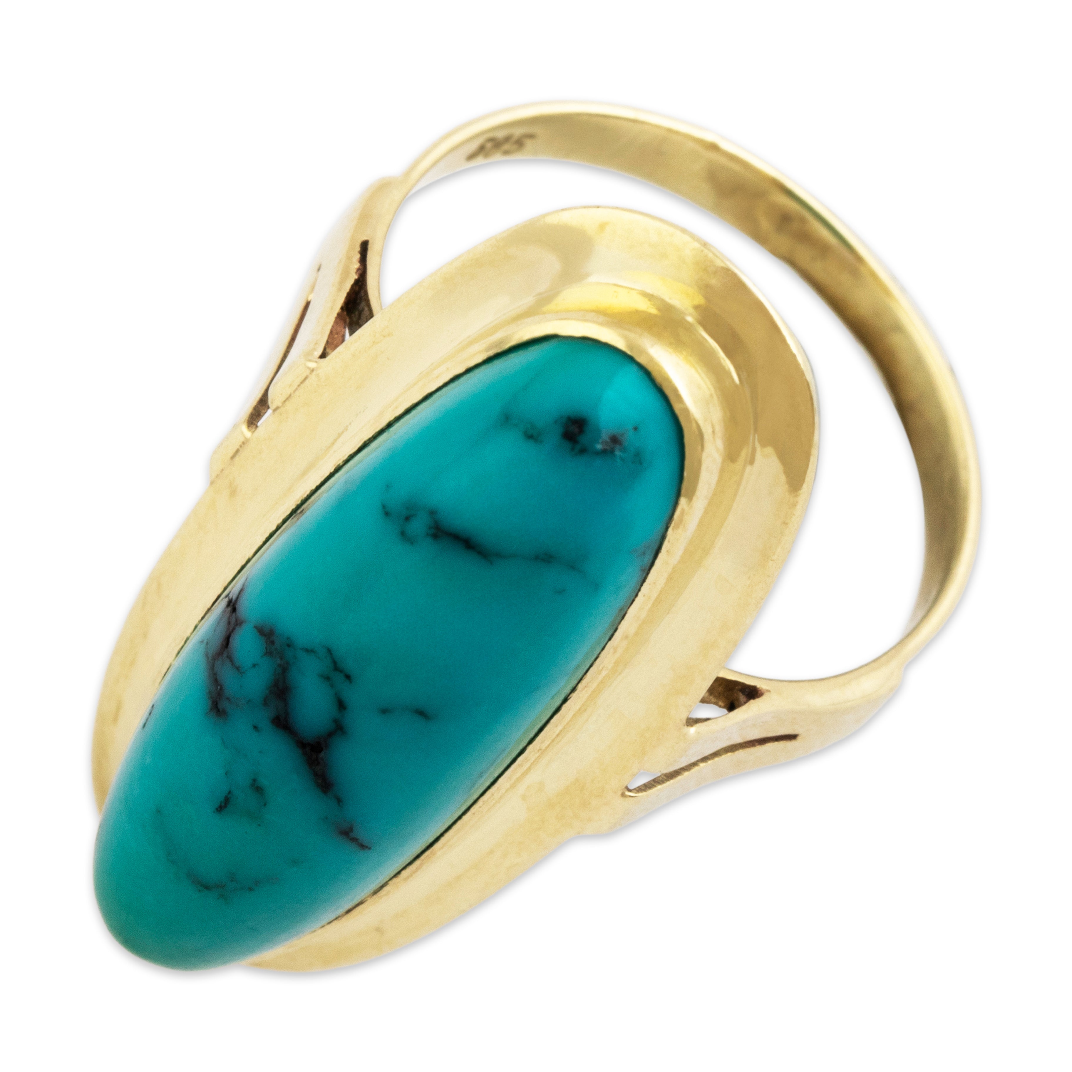 Vintage Large 14k Yellow Gold 12ct Turquoise Stunning Oblong Cabochon Ring  - Overall view