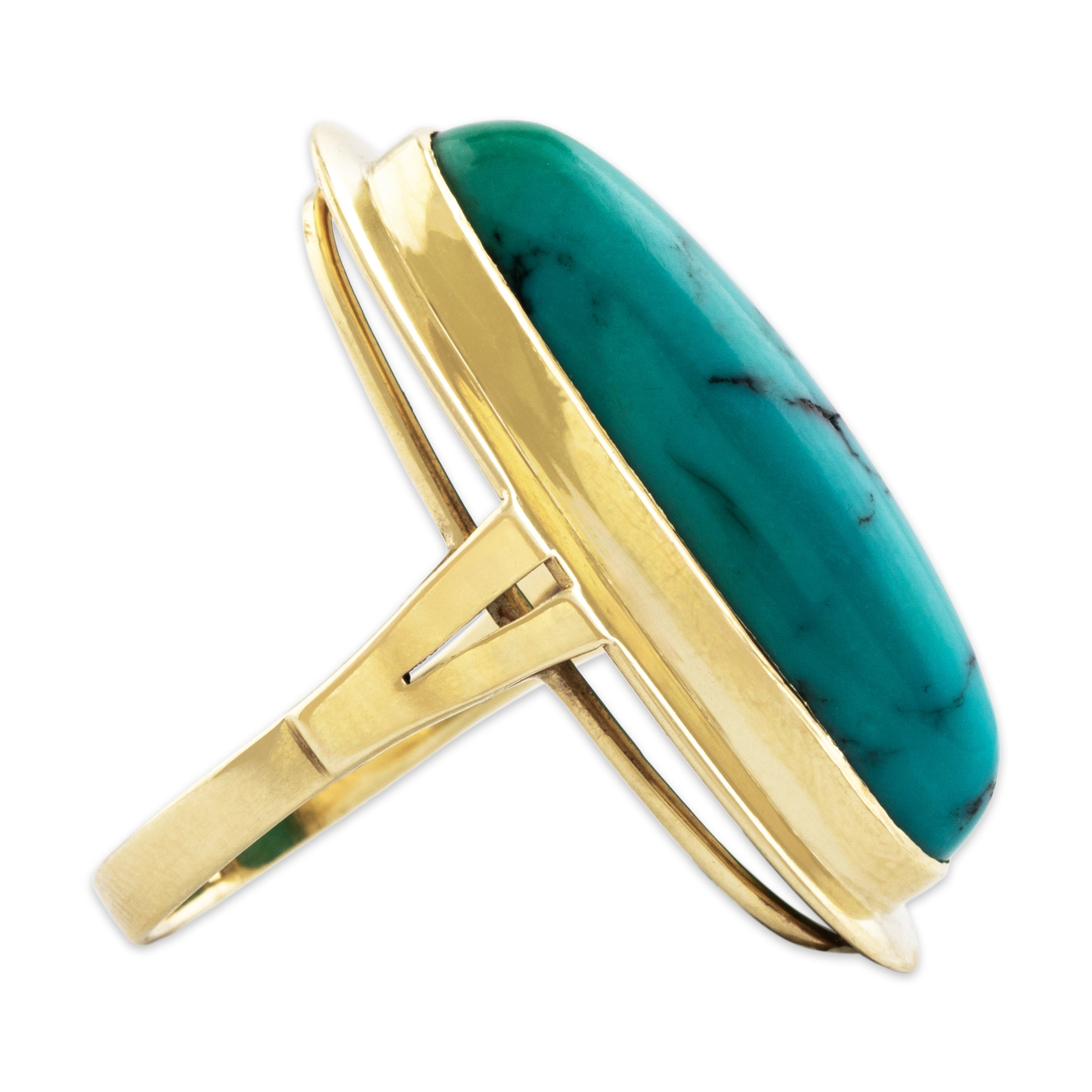 Vintage Large 14k Yellow Gold 12ct Turquoise Stunning Oblong Cabochon Ring  - Side view